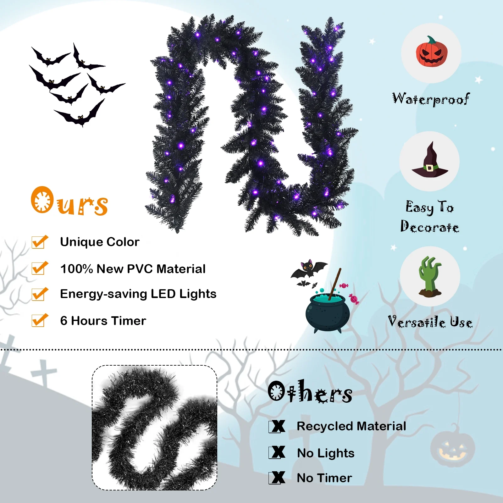 9 Feet Pre-Lit Garland, 50 LED Lights, Black, Purple - Image 6