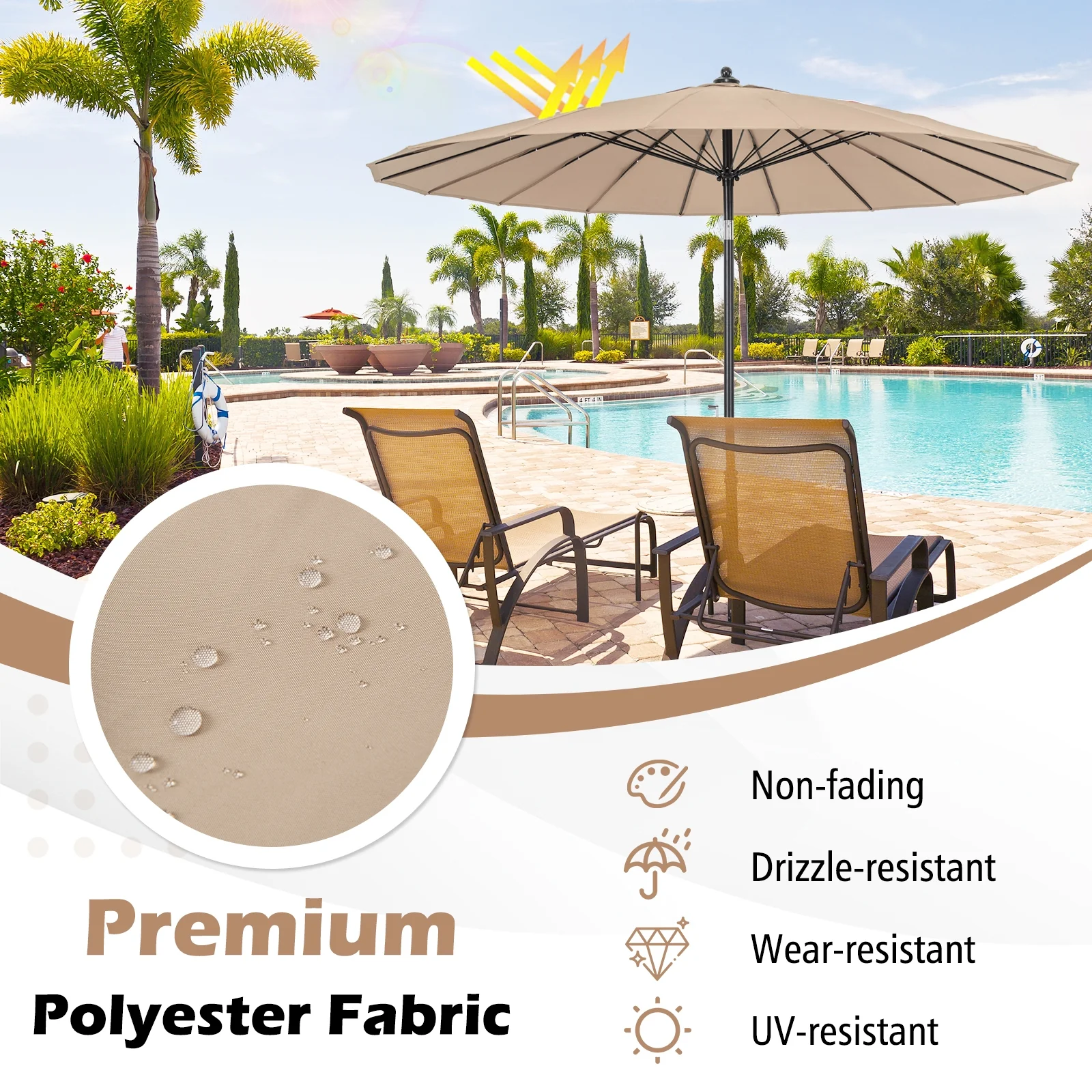 9 Feet Round Patio Umbrella, 18 Fiberglass Ribs, Tan - Image 10