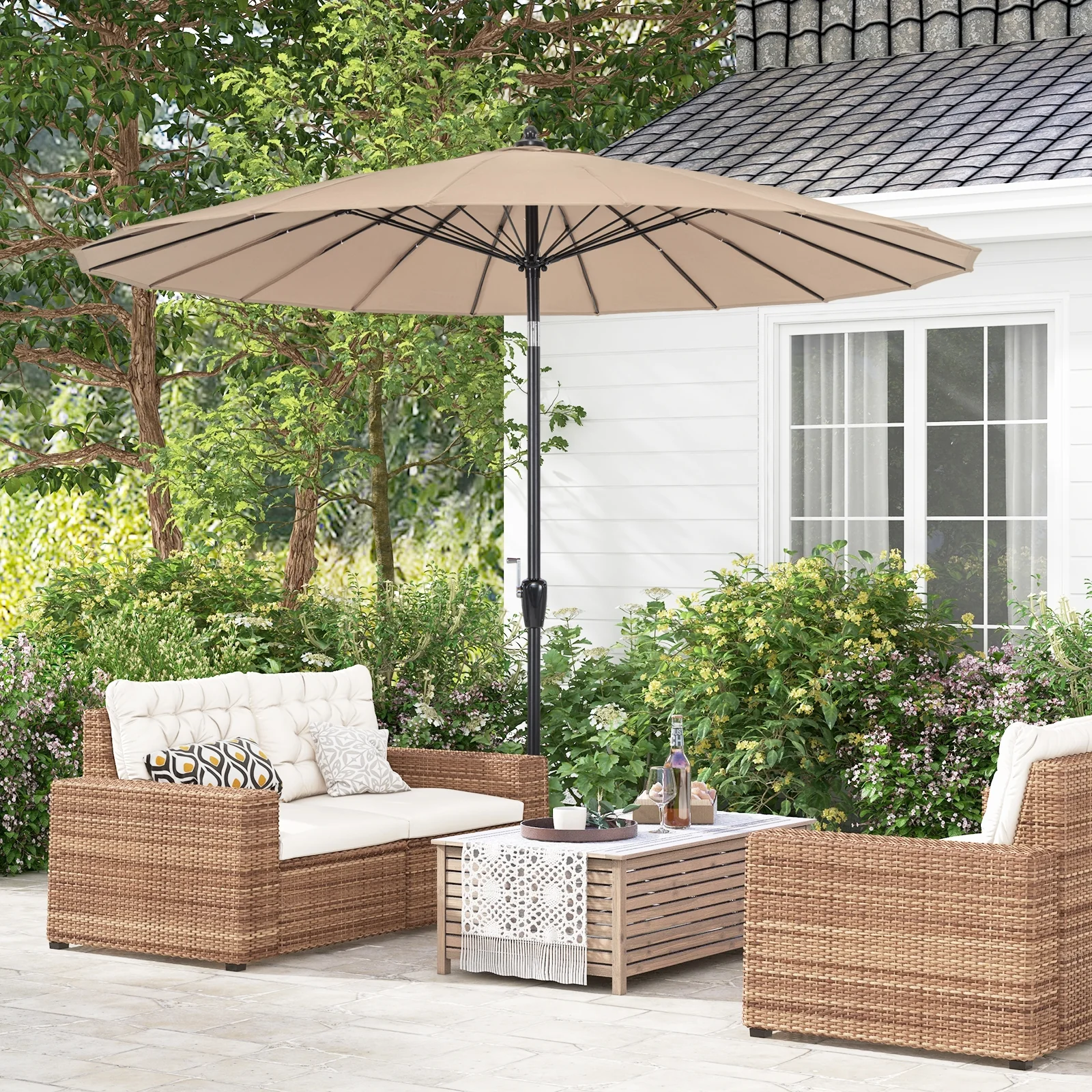 9 Feet Round Patio Umbrella, 18 Fiberglass Ribs, Tan - Image 2