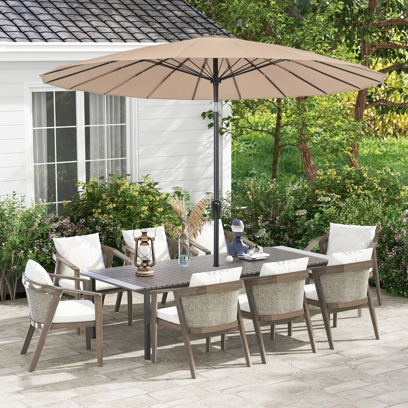 9 Feet Round Patio Umbrella, 18 Fiberglass Ribs, Tan - Image 3
