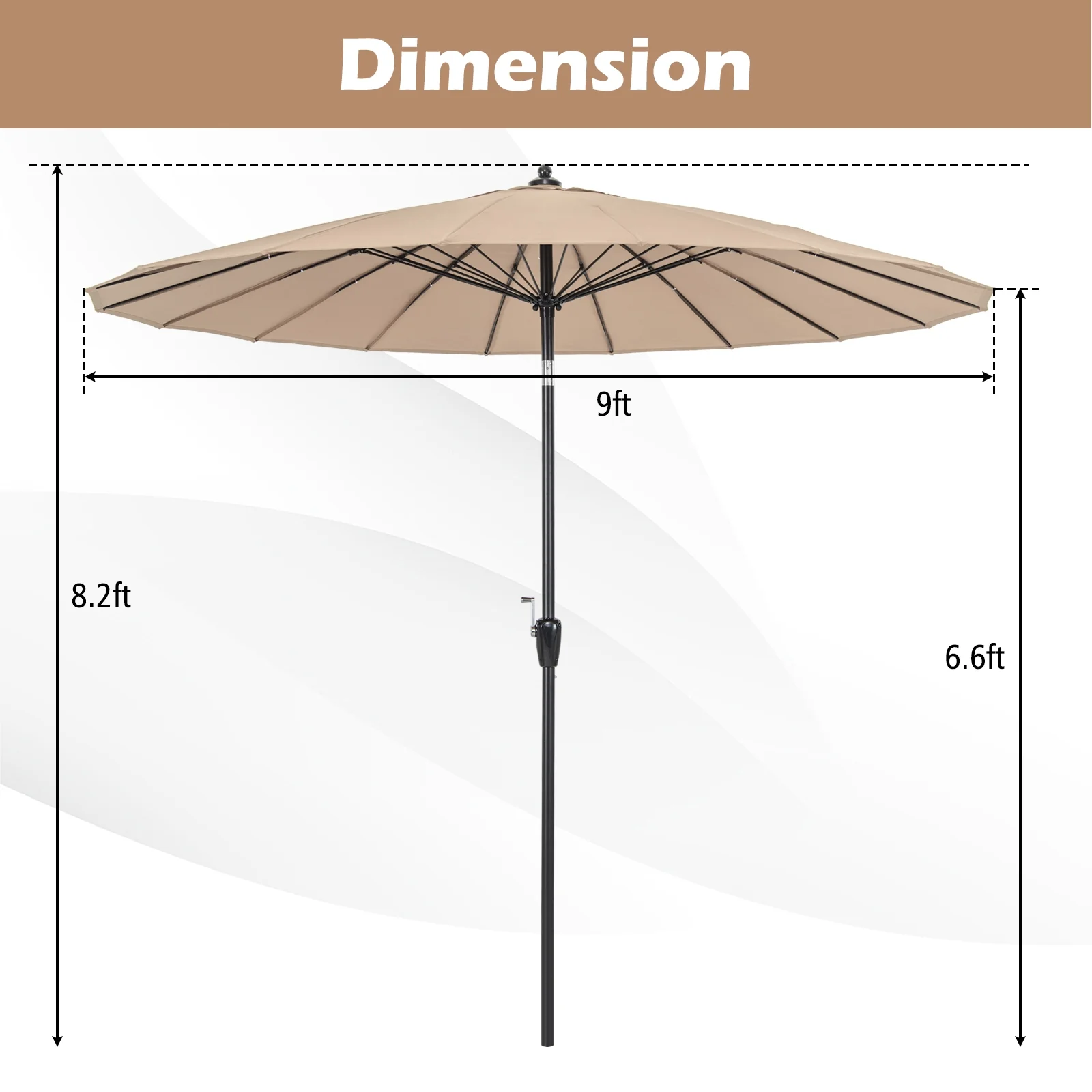 9 Feet Round Patio Umbrella, 18 Fiberglass Ribs, Tan - Image 6