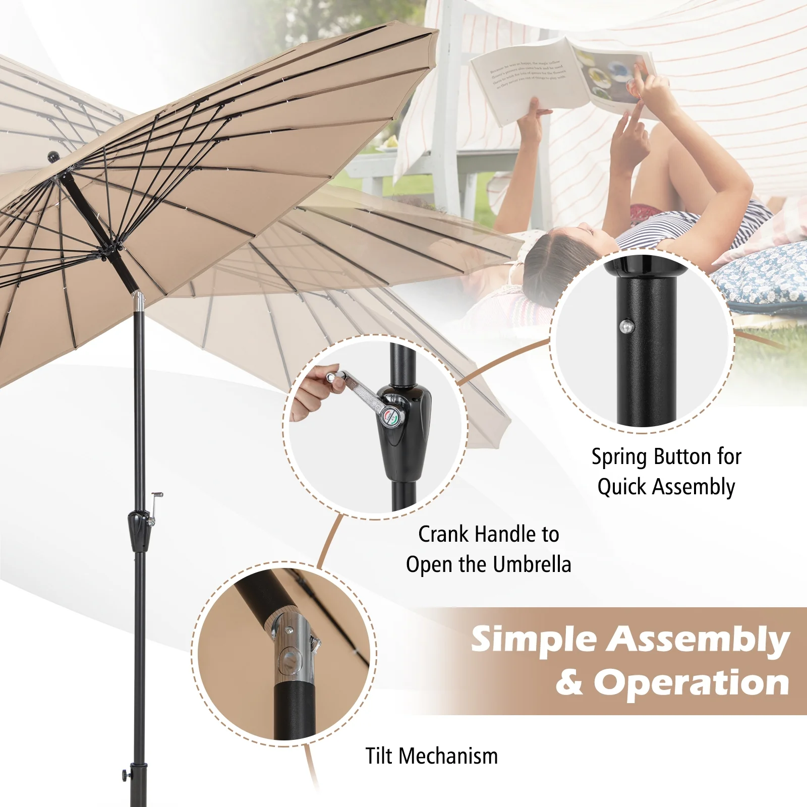 9 Feet Round Patio Umbrella, 18 Fiberglass Ribs, Tan - Image 8