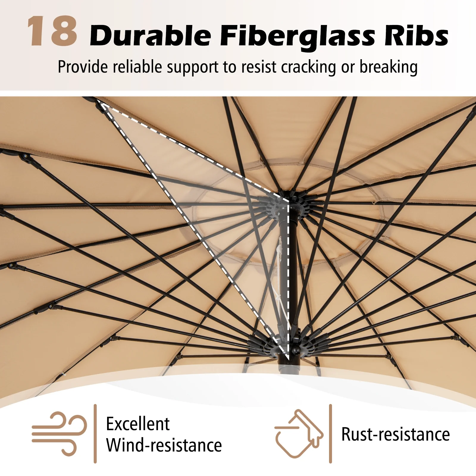 9 Feet Round Patio Umbrella, 18 Fiberglass Ribs, Tan - Image 9