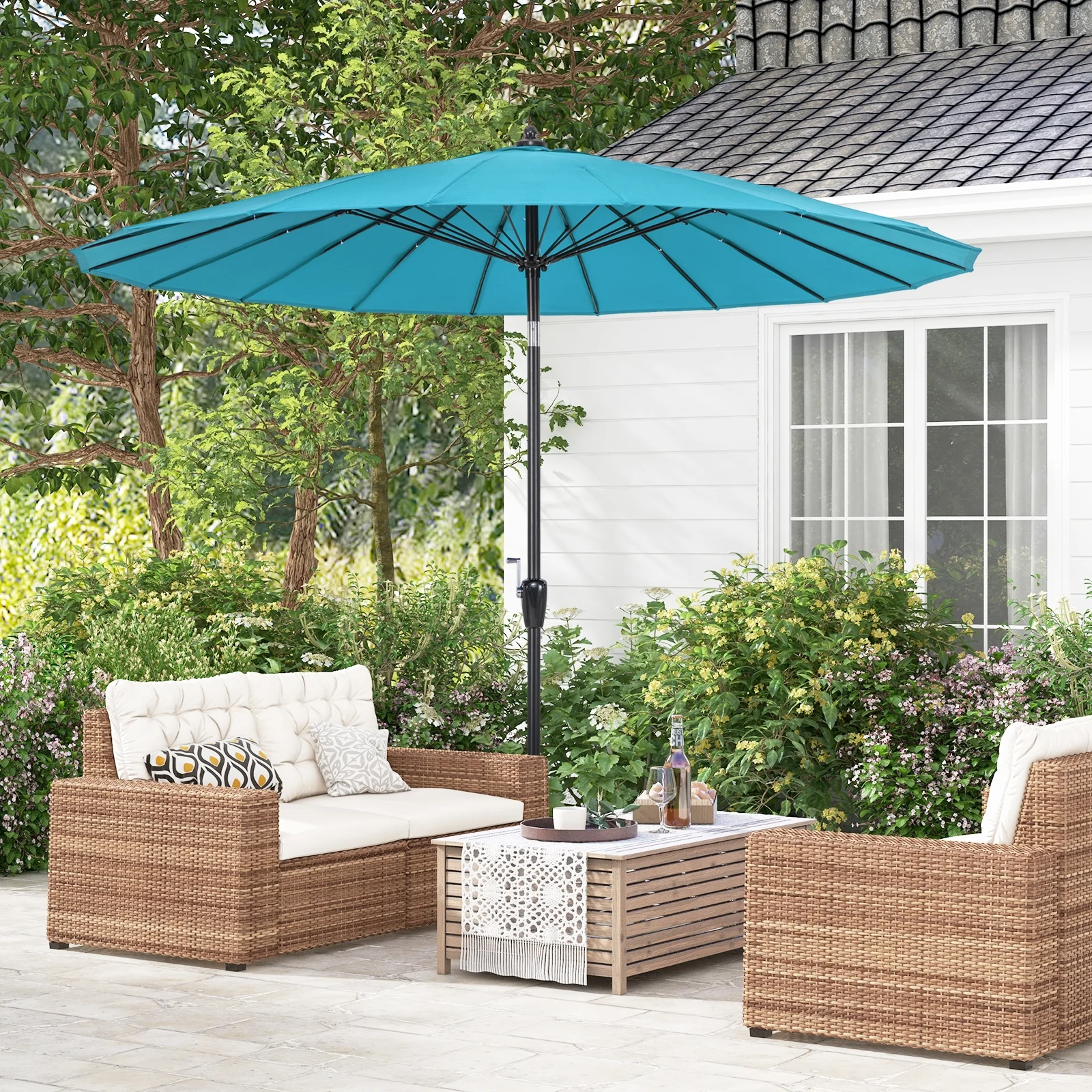 9 Feet Round Patio Umbrella, 18 Fiberglass Ribs, Turquoise - Image 2
