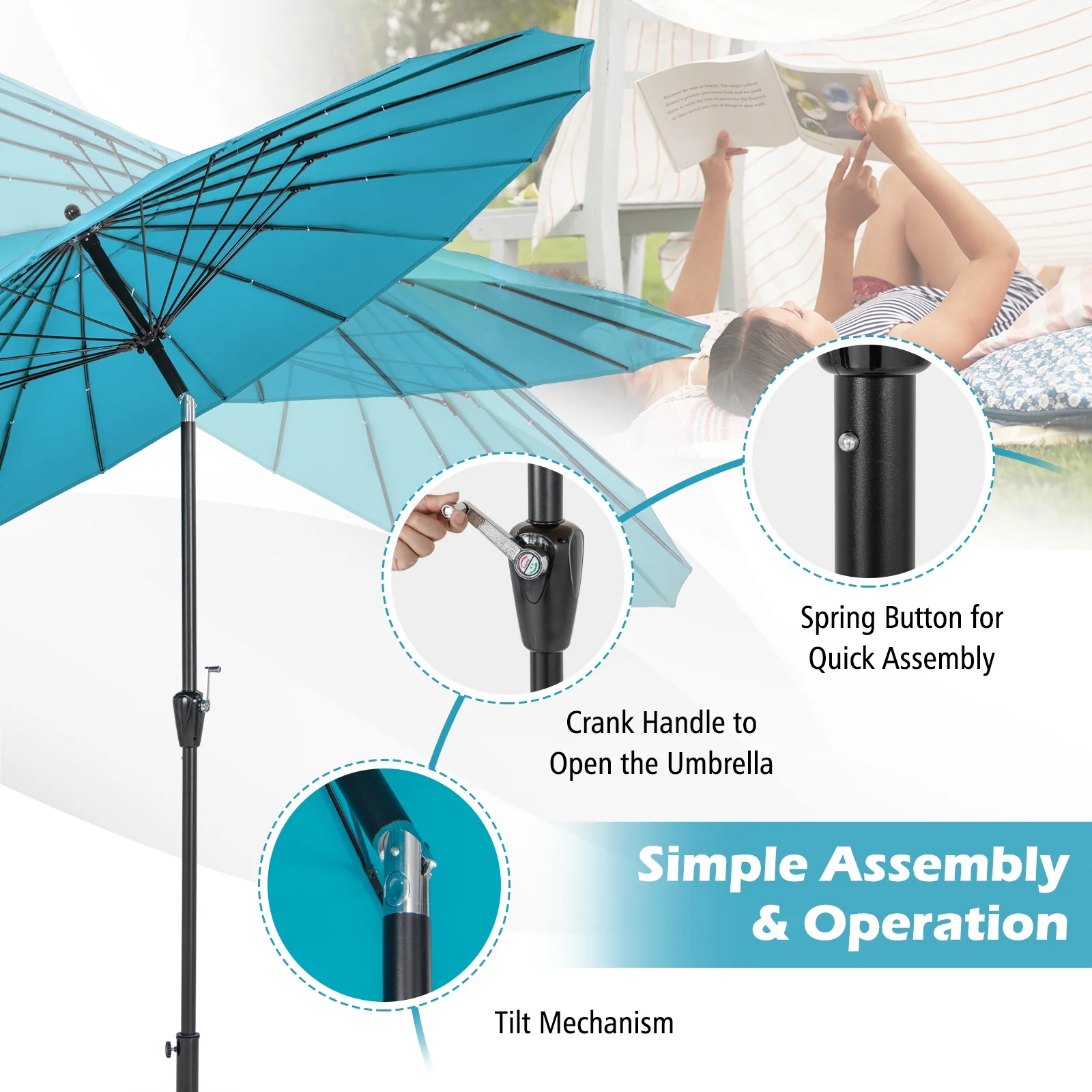 9 Feet Round Patio Umbrella, 18 Fiberglass Ribs, Turquoise - Image 8