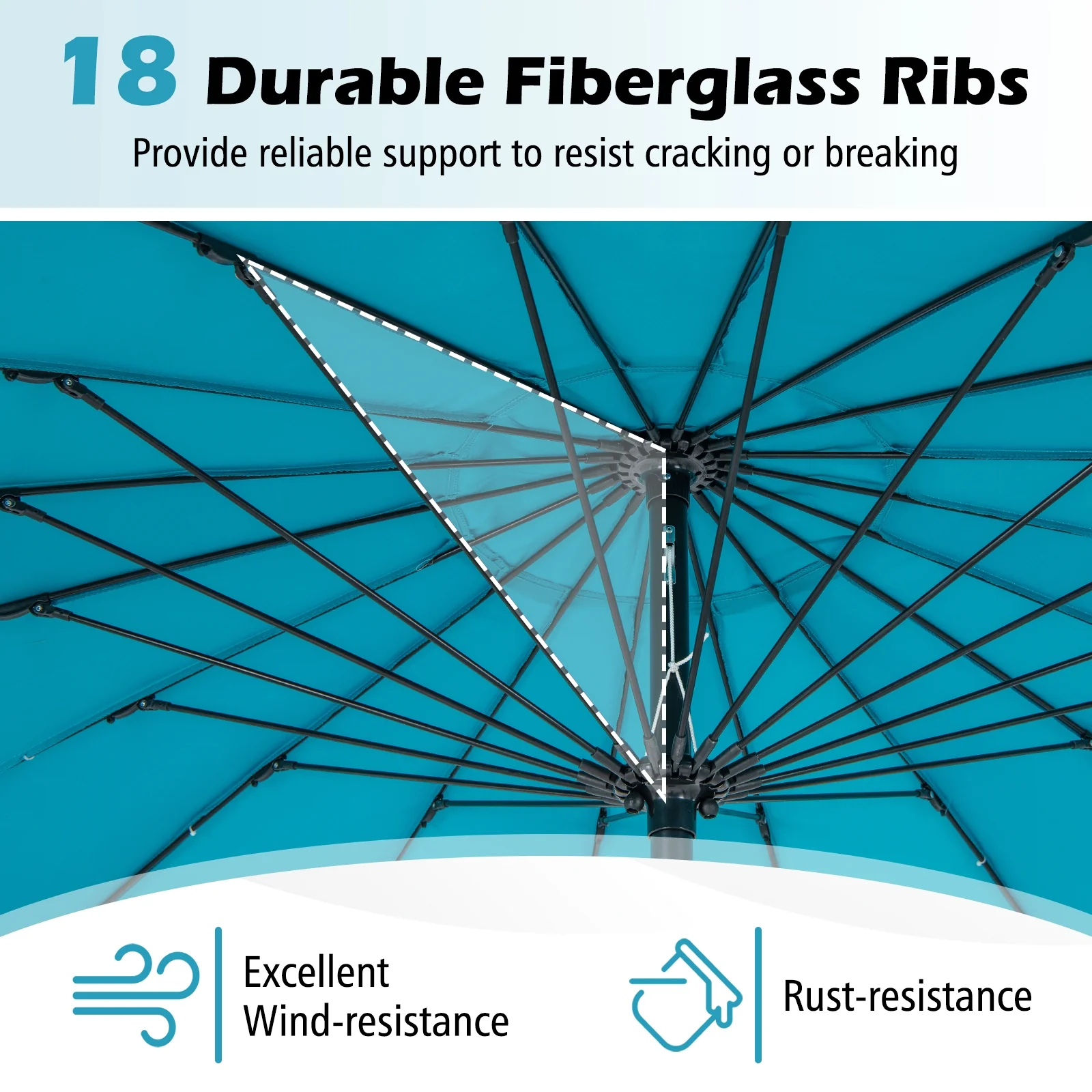 9 Feet Round Patio Umbrella, 18 Fiberglass Ribs, Turquoise - Image 9