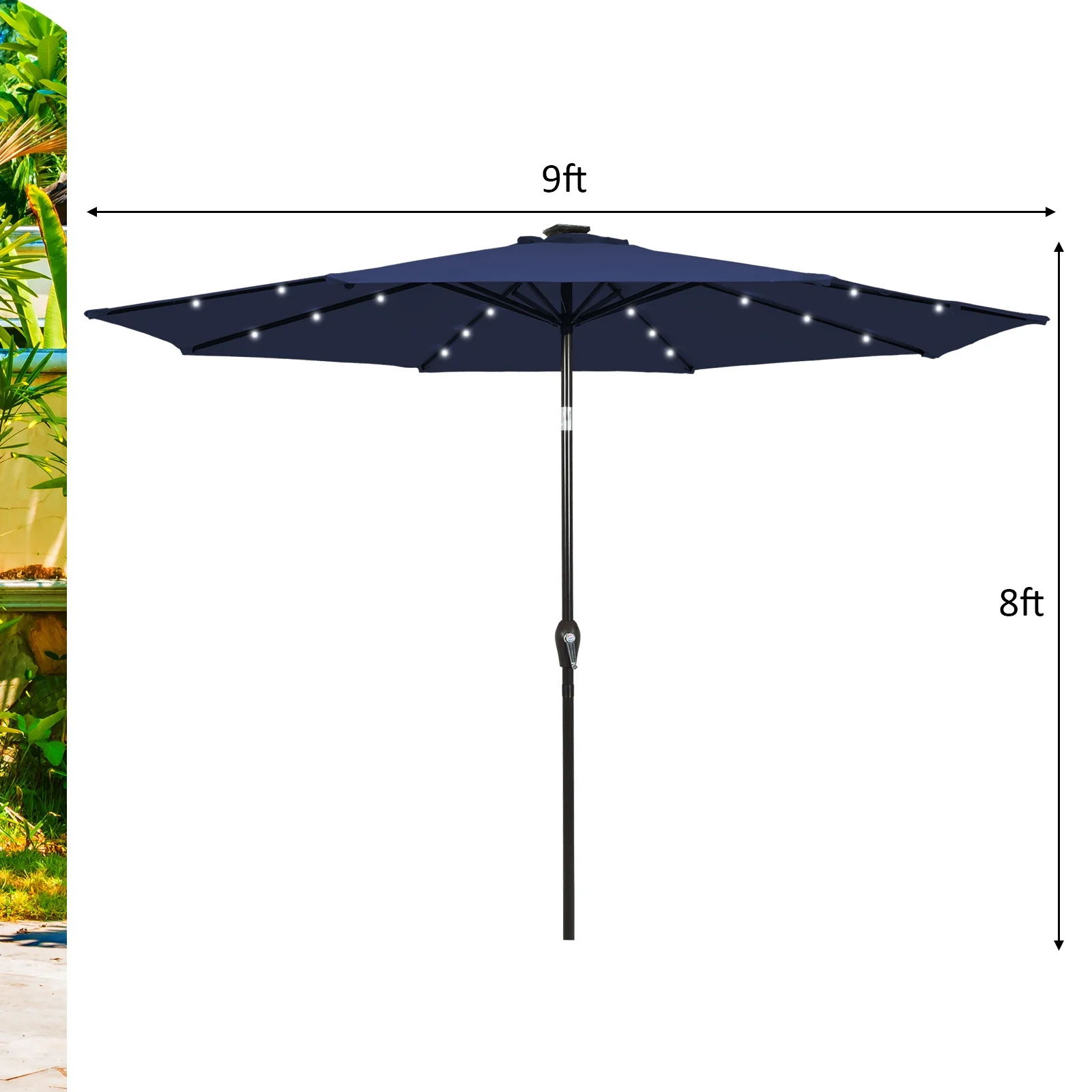 9 Feet Solar LED Patio Umbrella, Tilt Crank Lift, Dark Blue - Image 6