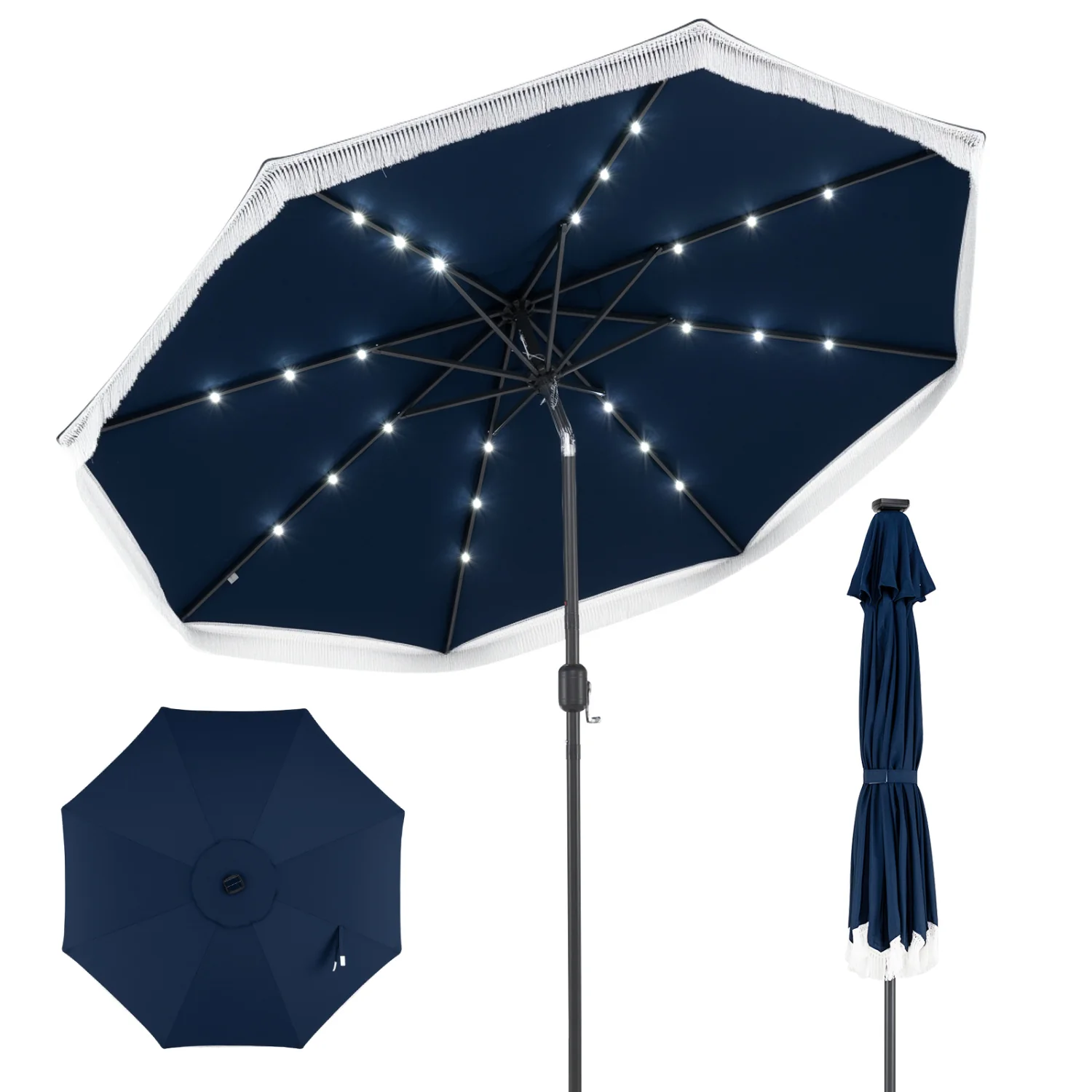 9 Feet Solar Patio Umbrella, 24 LED Lights, Navy