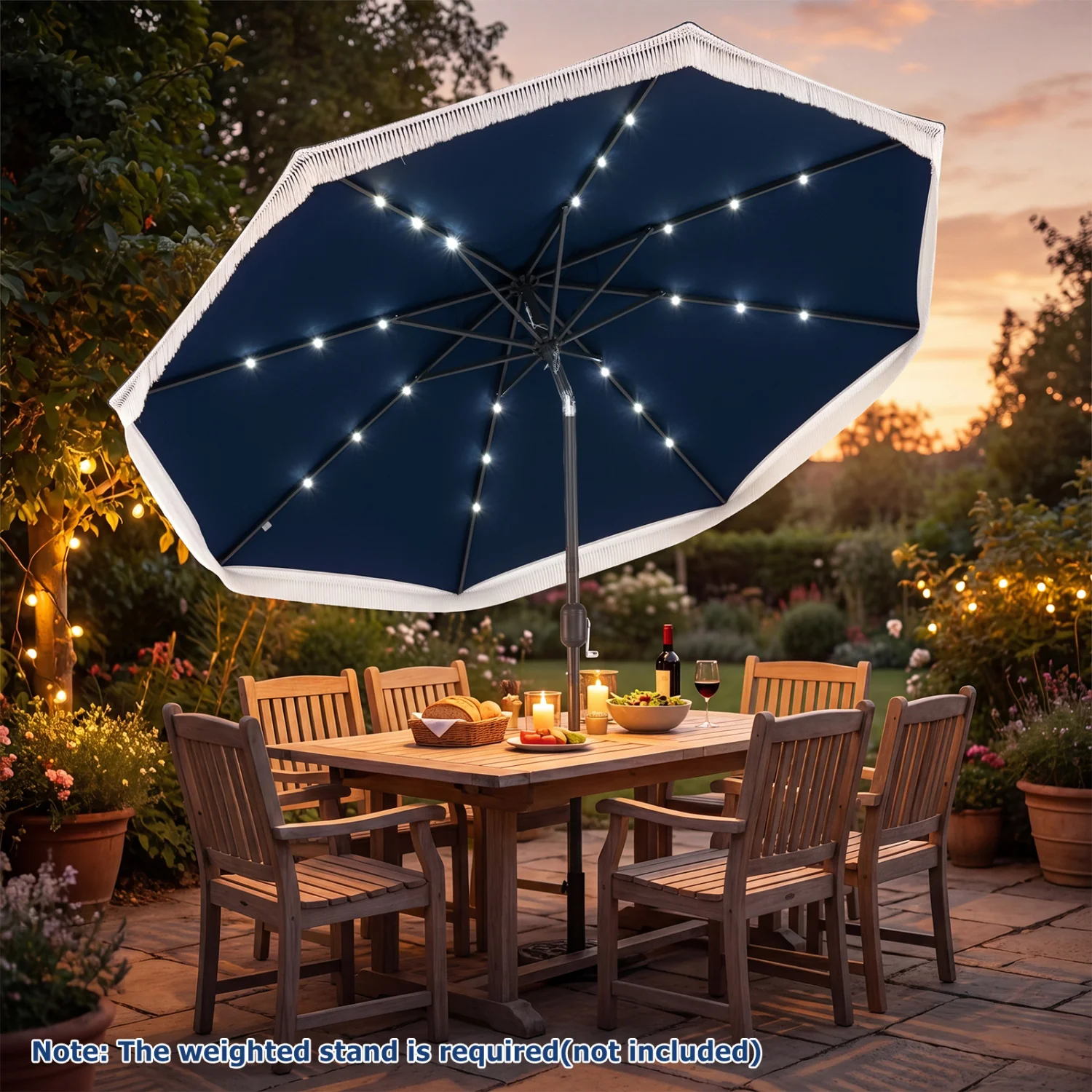 9 Feet Solar Patio Umbrella, 24 LED Lights, Navy - Image 2