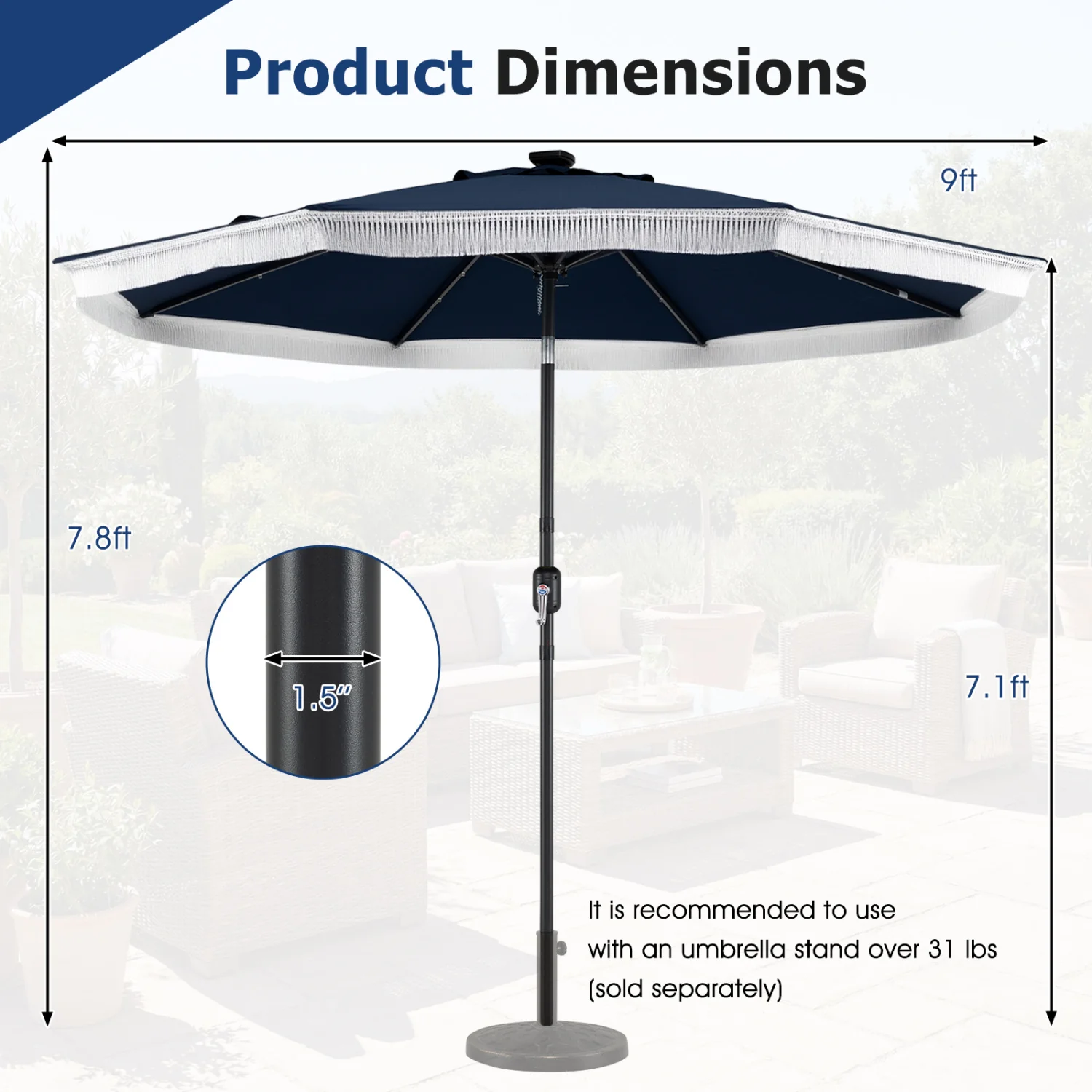 9 Feet Solar Patio Umbrella, 24 LED Lights, Navy - Image 4