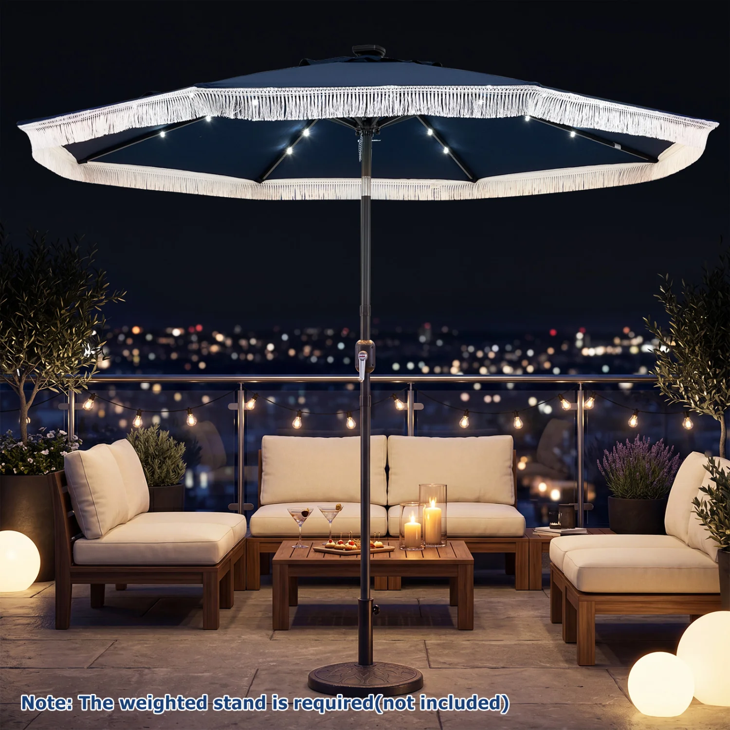 9 Feet Solar Patio Umbrella, 24 LED Lights, Navy - Image 5