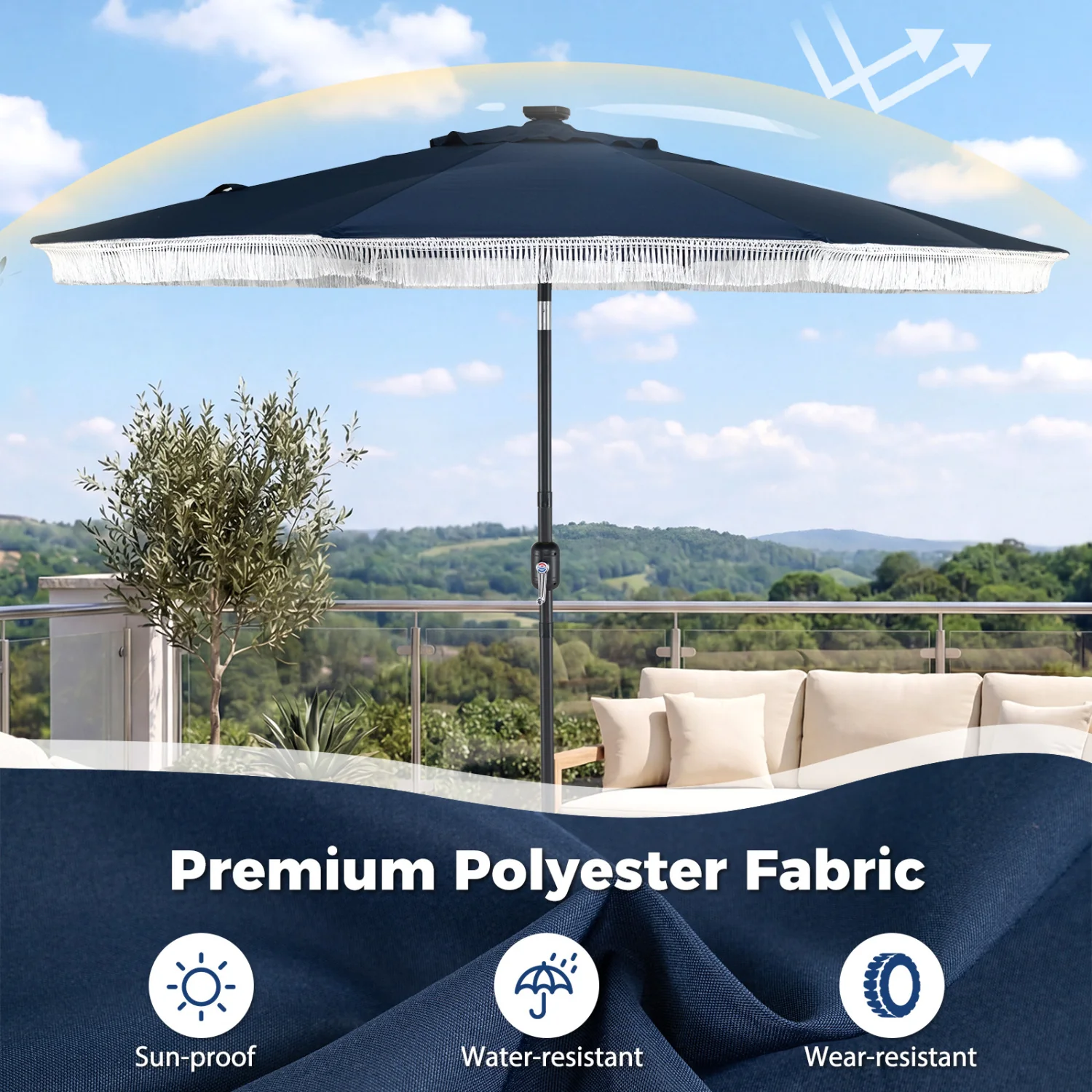 9 Feet Solar Patio Umbrella, 24 LED Lights, Navy - Image 8