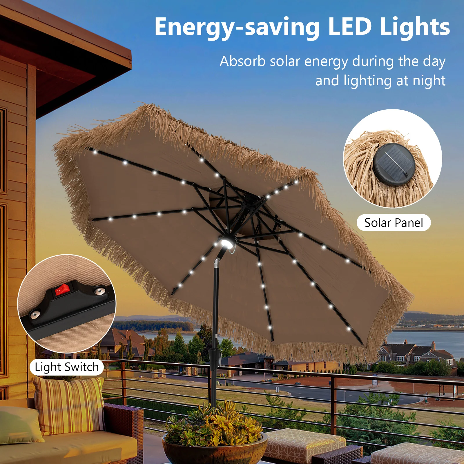 9 Feet Solar Powered Tiki Patio Umbrella With Led Lights, Natural - Image 10