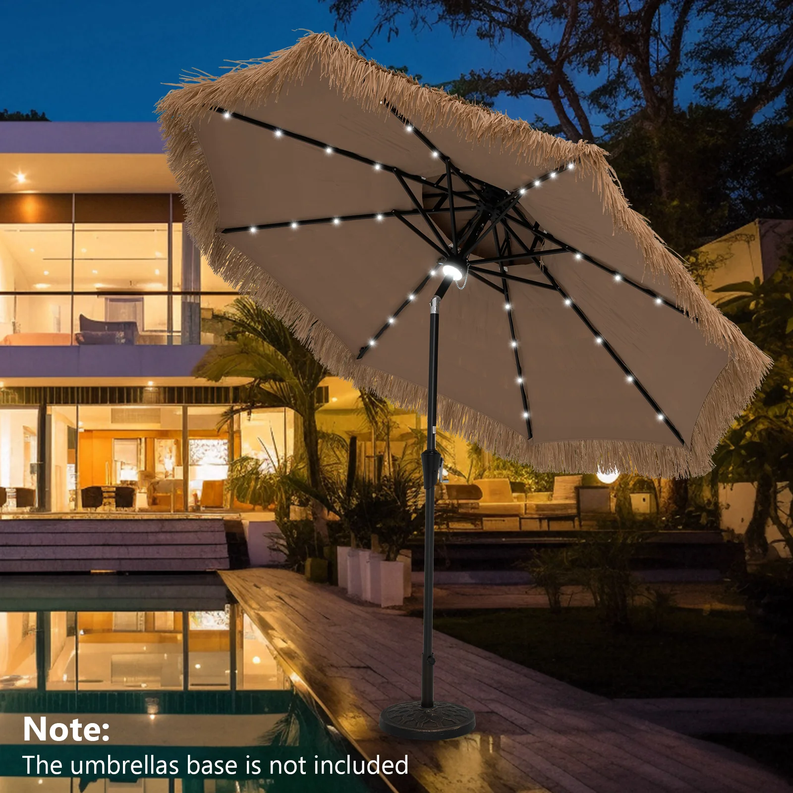 9 Feet Solar Powered Tiki Patio Umbrella With Led Lights, Natural - Image 3