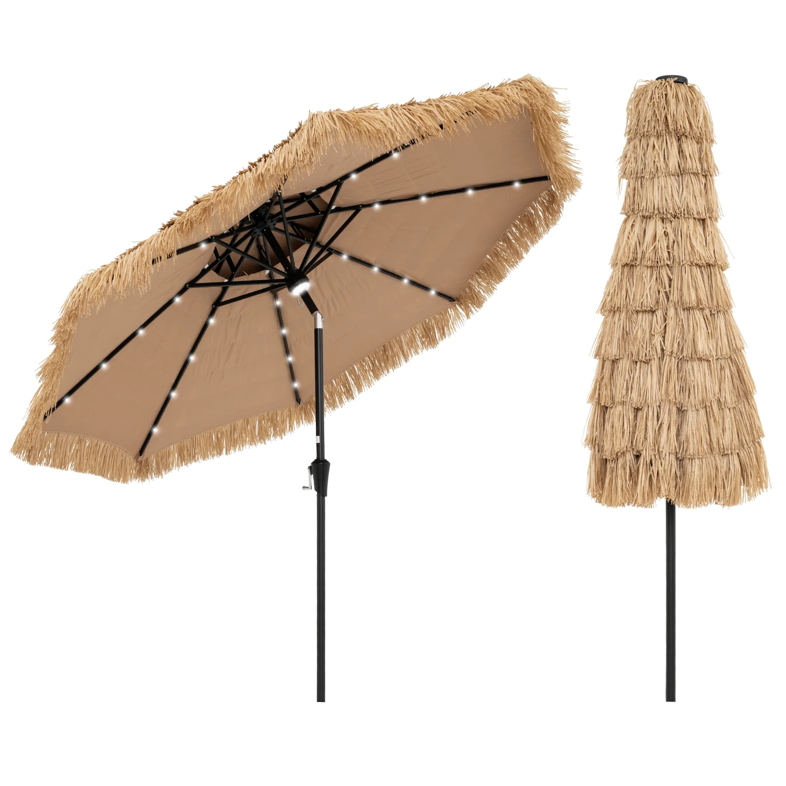 9 Feet Solar Powered Tiki Patio Umbrella With Led Lights, Natural - Image 5