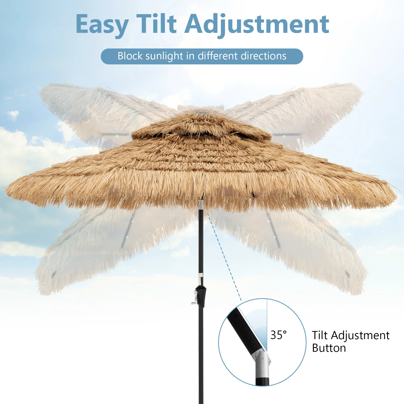 9 Feet Solar Powered Tiki Patio Umbrella With Led Lights, Natural - Image 8