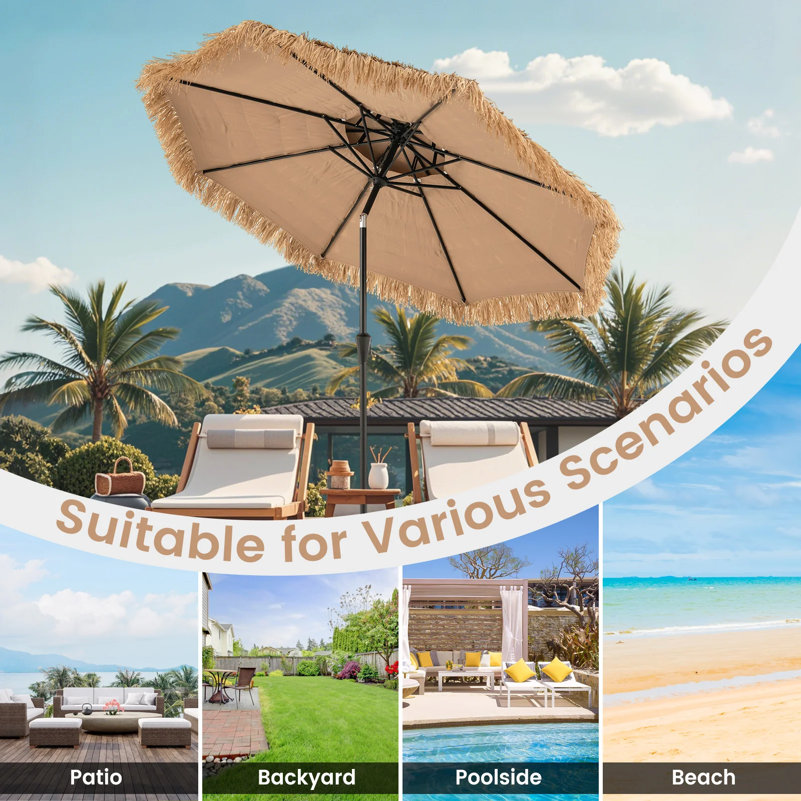 9 Feet Thatched Tiki Umbrella, 8 Ribs, Natural - Image 10