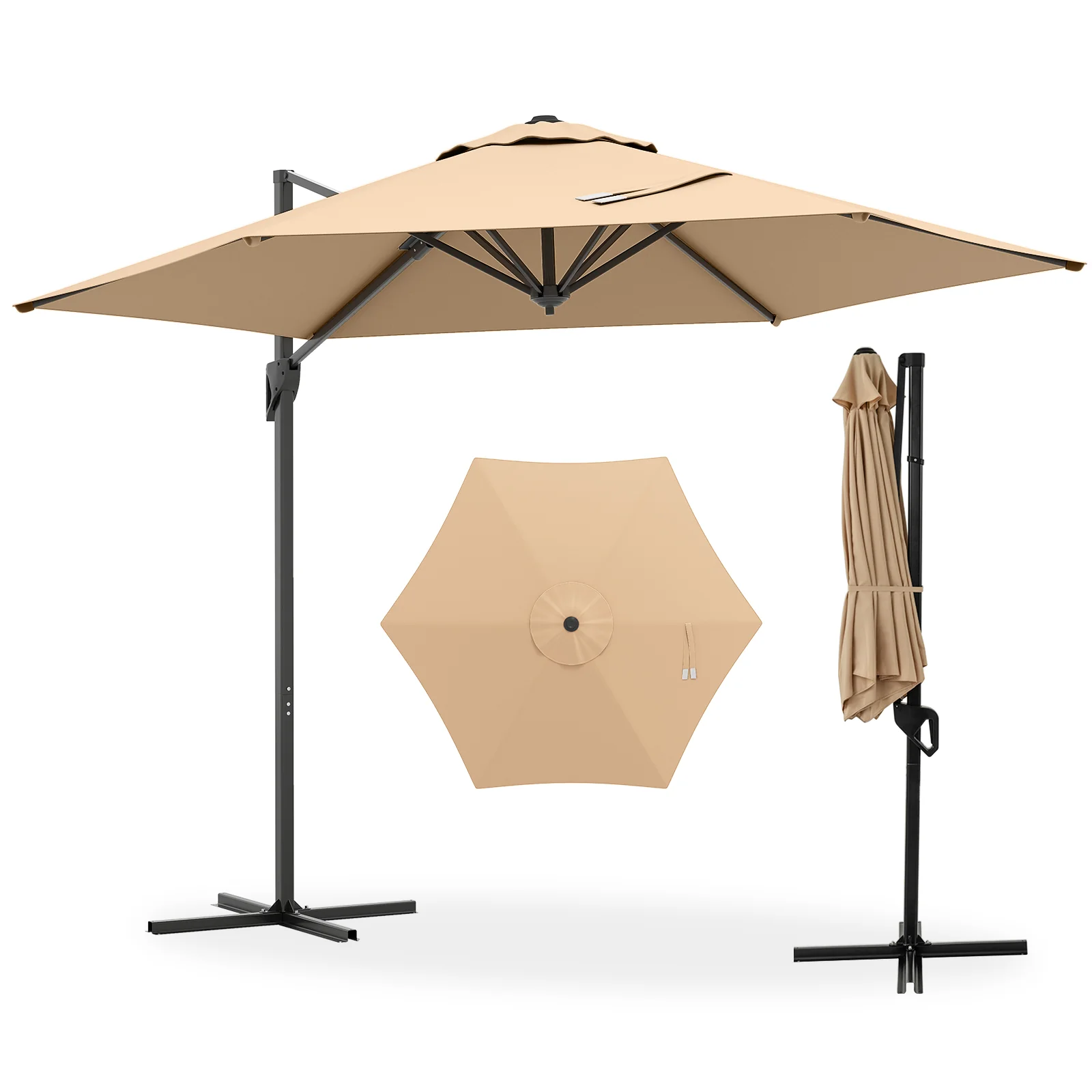 9 FT Cantilever Patio Umbrella, Vented Top, Sun-Protective Canopy, Beige - Image 4