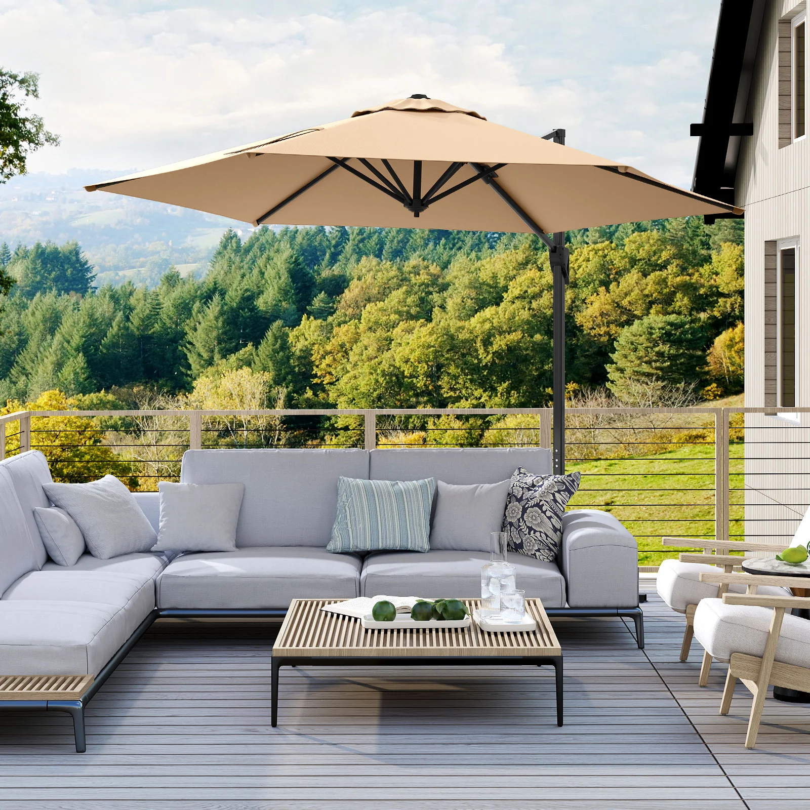 9 FT Cantilever Patio Umbrella, Vented Top, Sun-Protective Canopy, Beige - Image 7