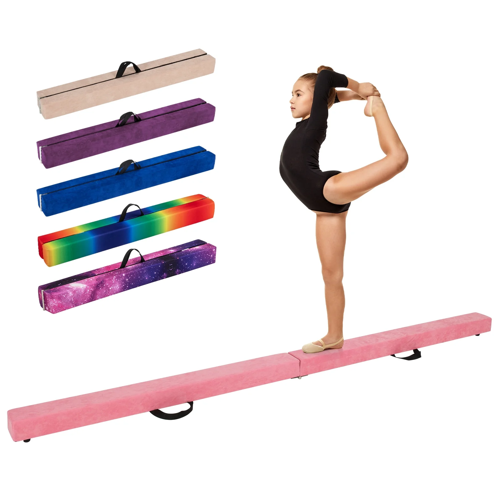 9 FT Folding Balance Beam, Anti-Slip Base, Pine Wood Frame, Pink