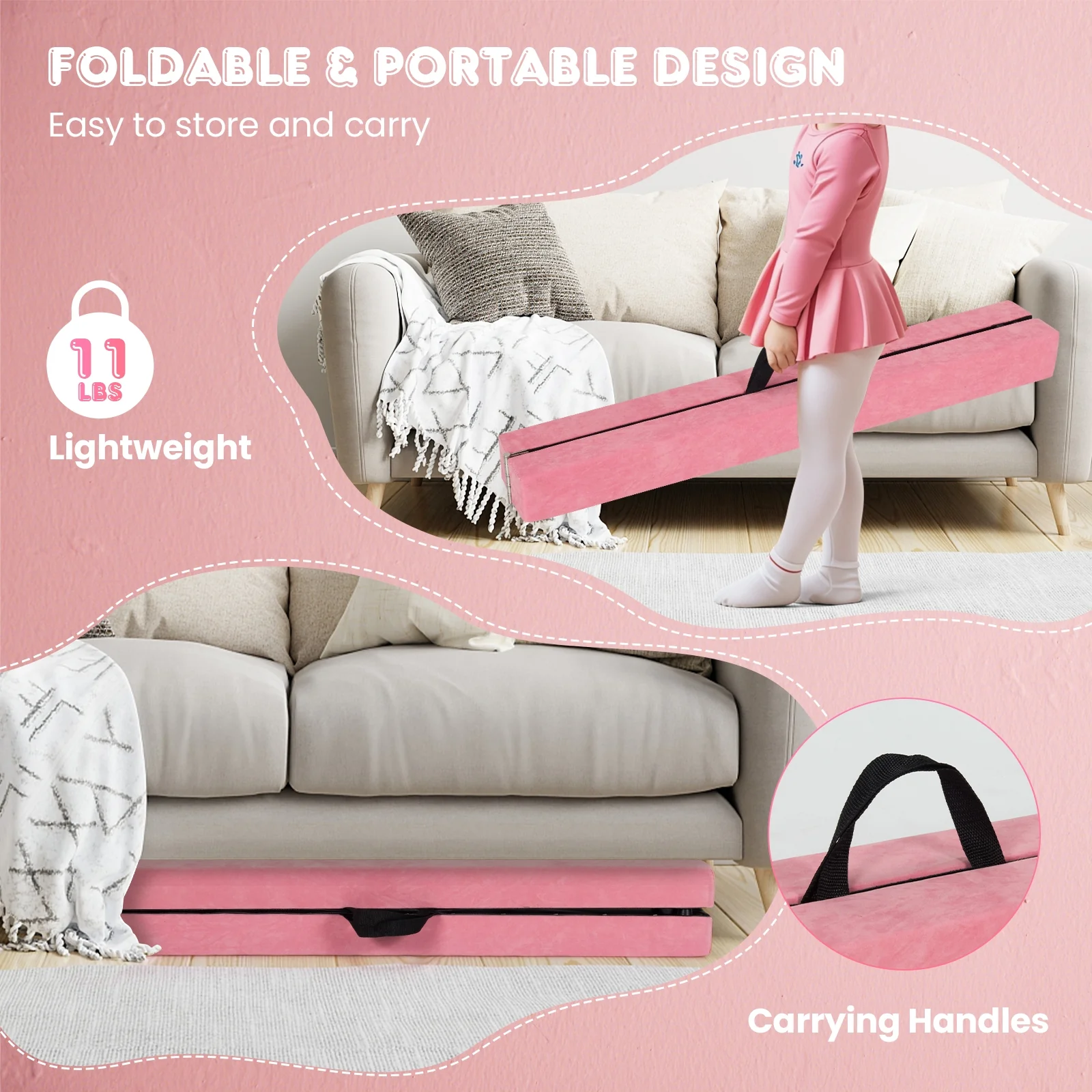 9 FT Folding Balance Beam, Anti-Slip Base, Pine Wood Frame, Pink - Image 10