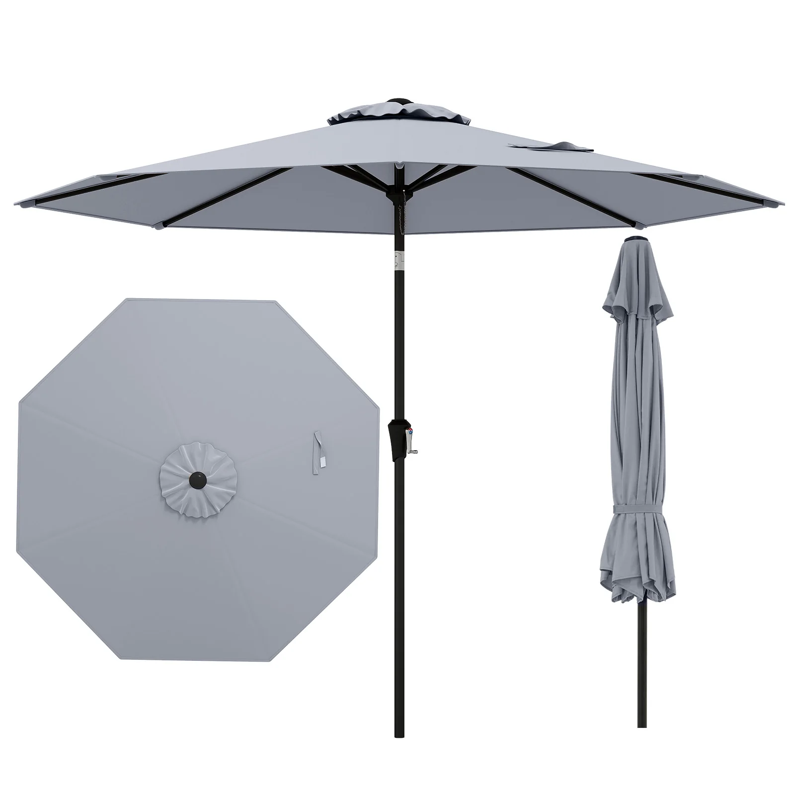 9 FT Outdoor Patio Table Umbrella, Push Button Tilt Crank Lift, Gray - Image 4