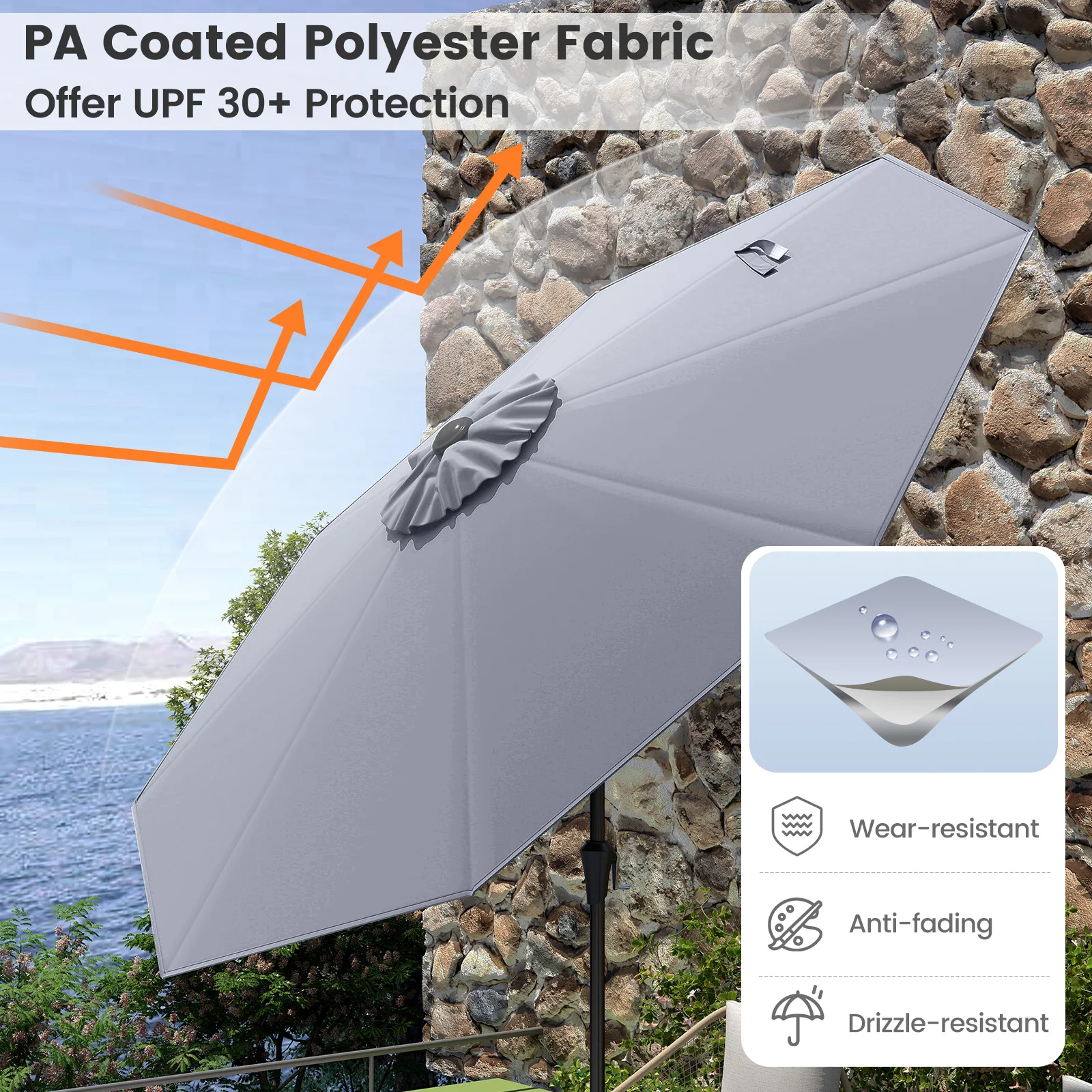 9 FT Outdoor Patio Table Umbrella, Push Button Tilt Crank Lift, Gray - Image 8