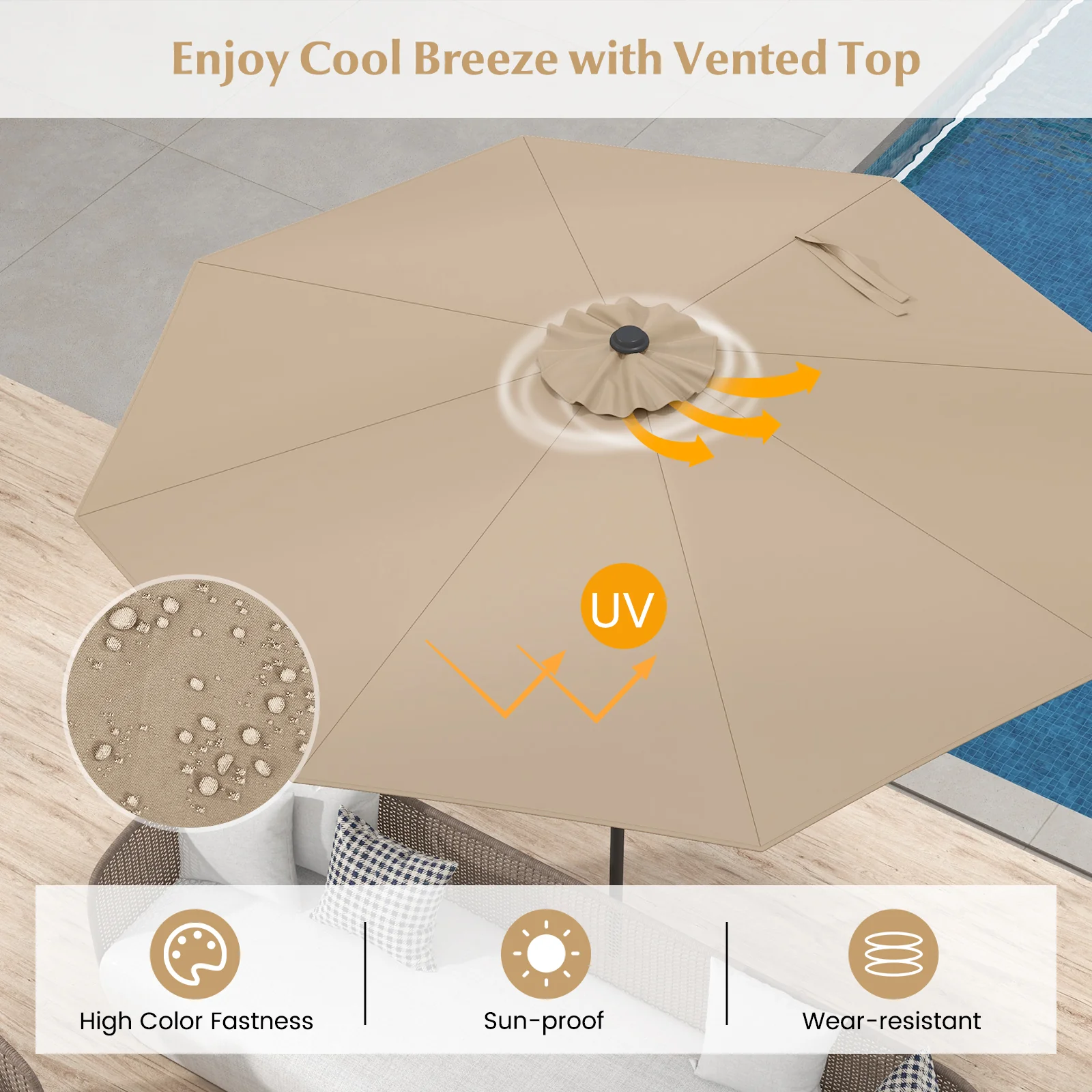 9 ft Outdoor Patio Table Umbrella, Push Button Tilt Crank Lift, Tan - Image 7