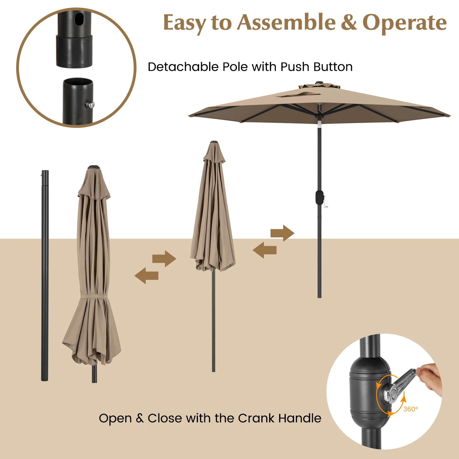 9 ft Outdoor Patio Table Umbrella, Push Button Tilt Crank Lift, Tan - Image 8