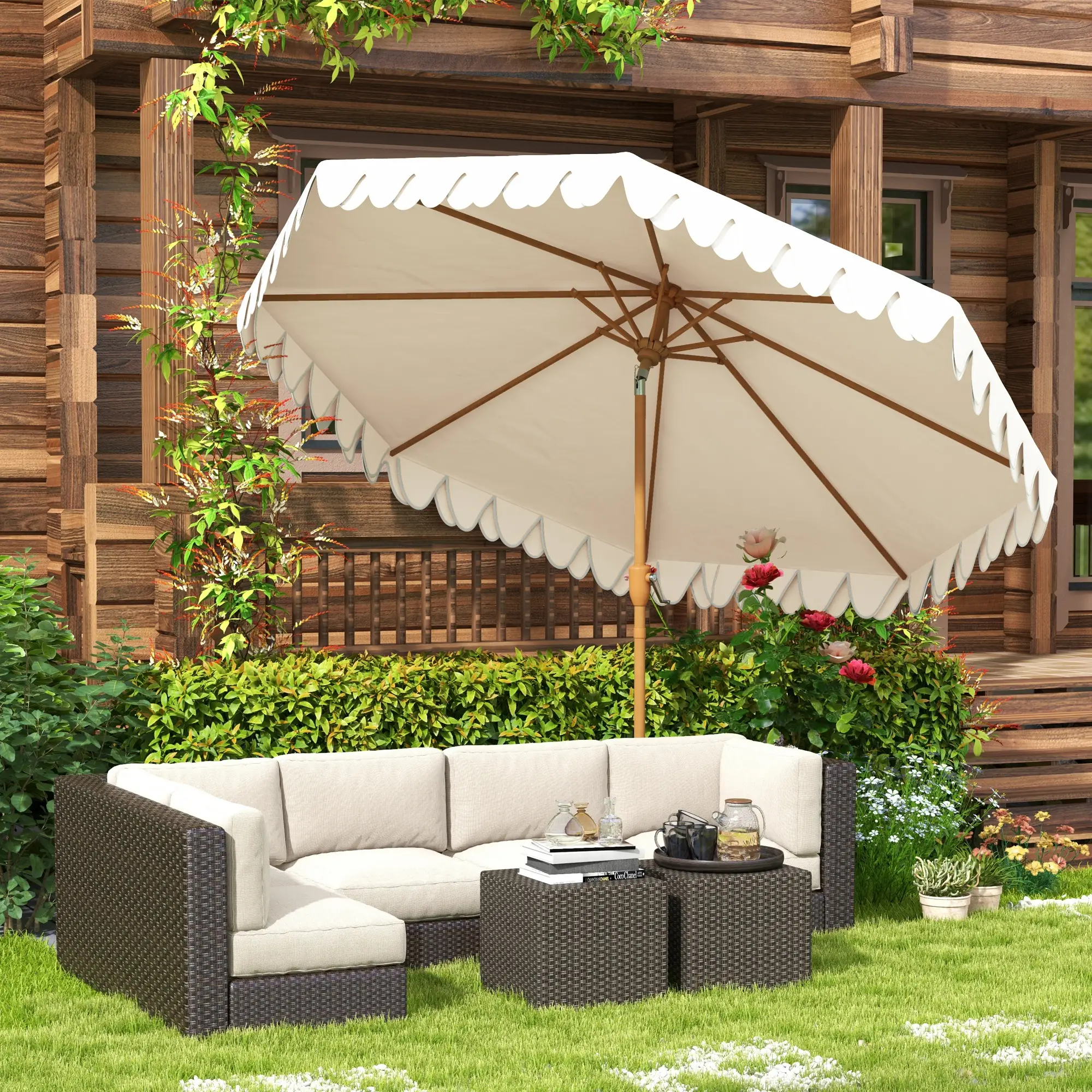 9 ft Outdoor Patio Umbrella, Push Button Tilt Crank, Cream White - Image 2