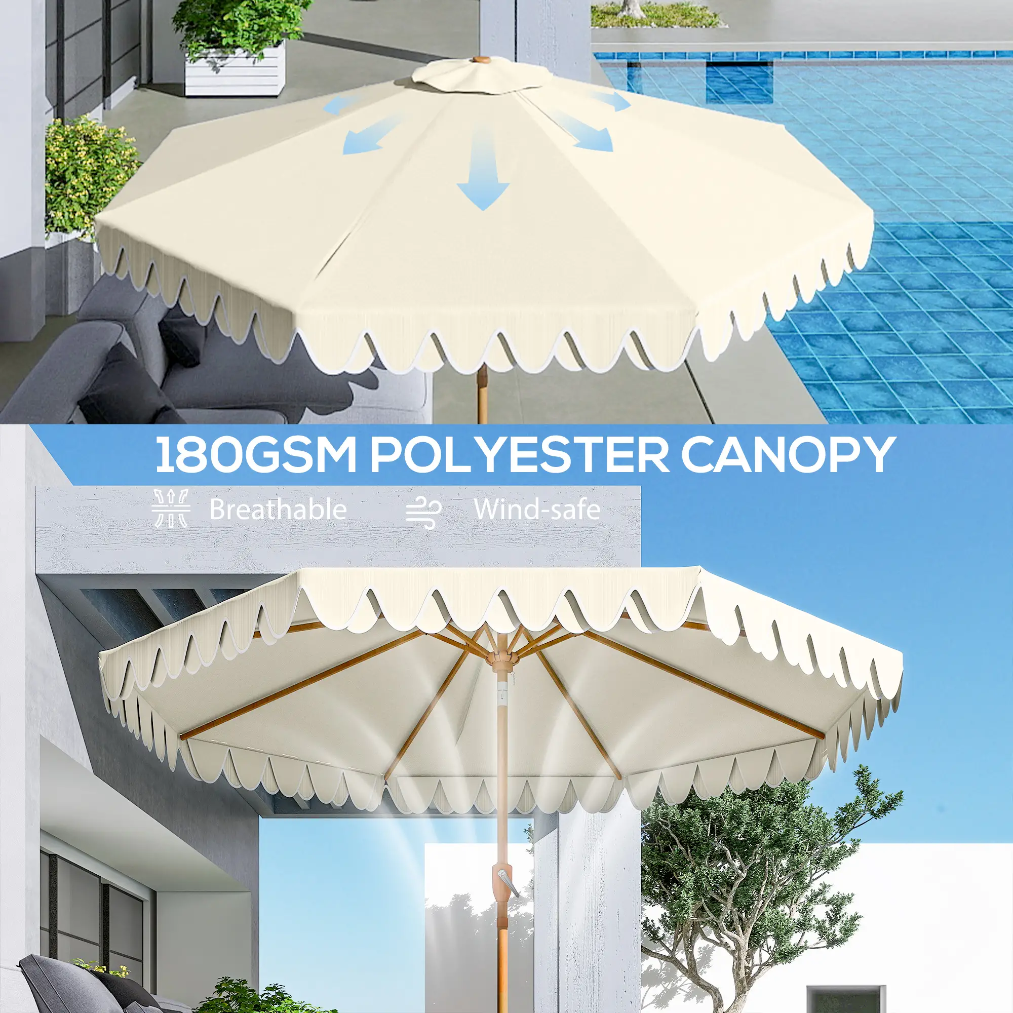 9 ft Outdoor Patio Umbrella, Push Button Tilt Crank, Cream White - Image 6