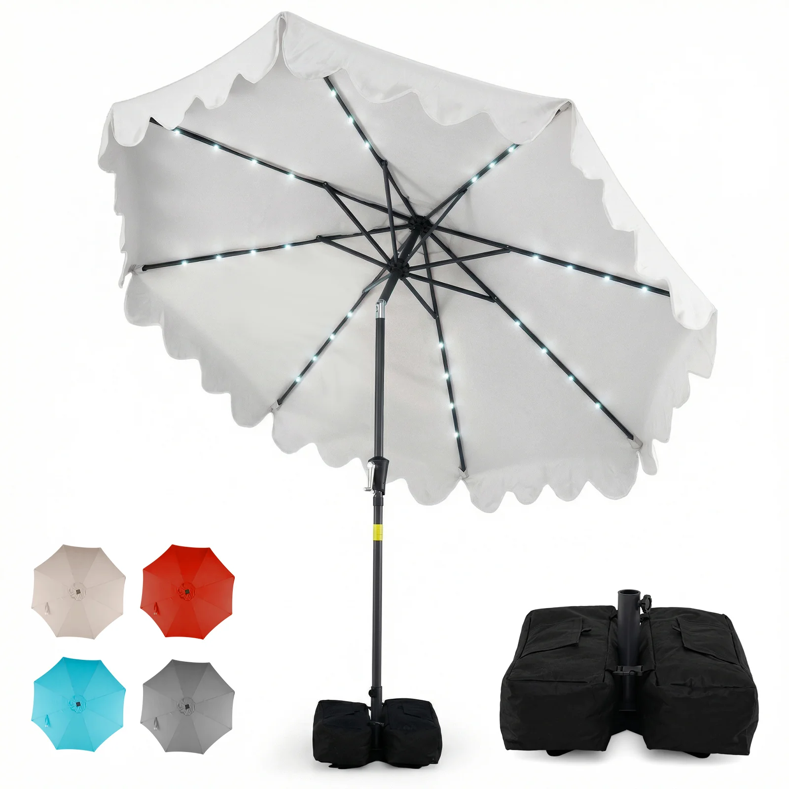 9 FT Outdoor Patio Umbrella, Solar LED Lights, Weighted Base, Beige