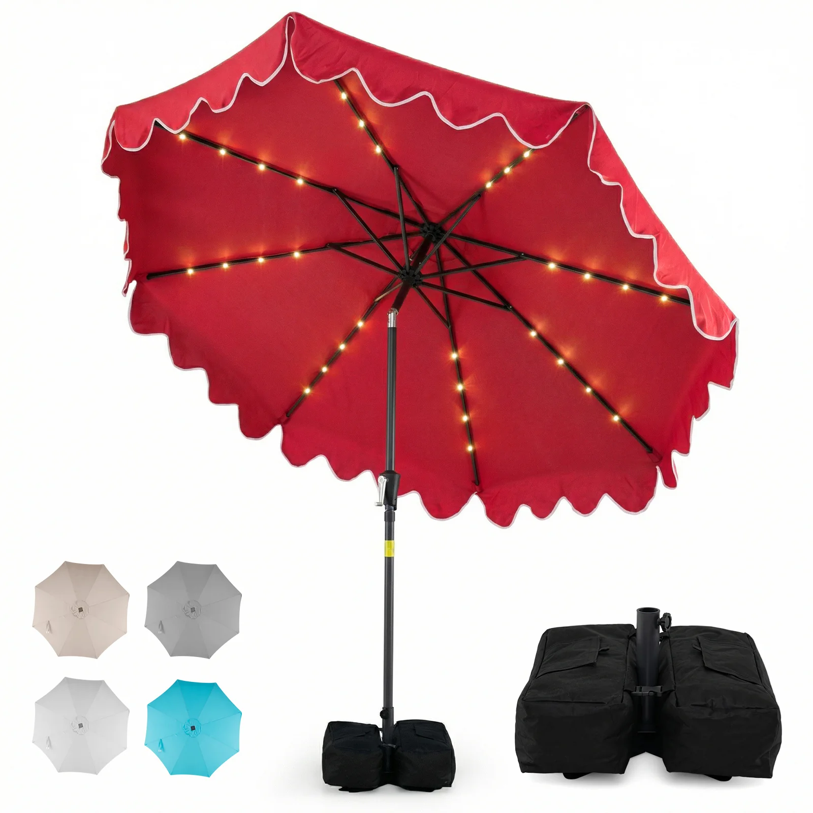 9 FT Outdoor Patio Umbrella, Solar LED Lights, Weighted Base, Red