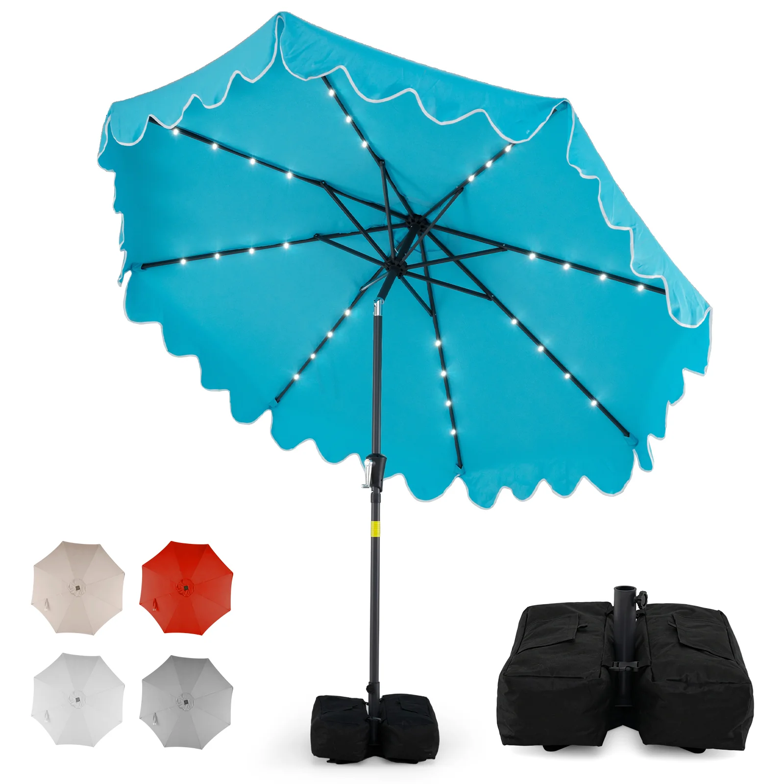 9 FT Outdoor Patio Umbrella, Solar LED Lights, Weighted Base, Turquoise - Image 2