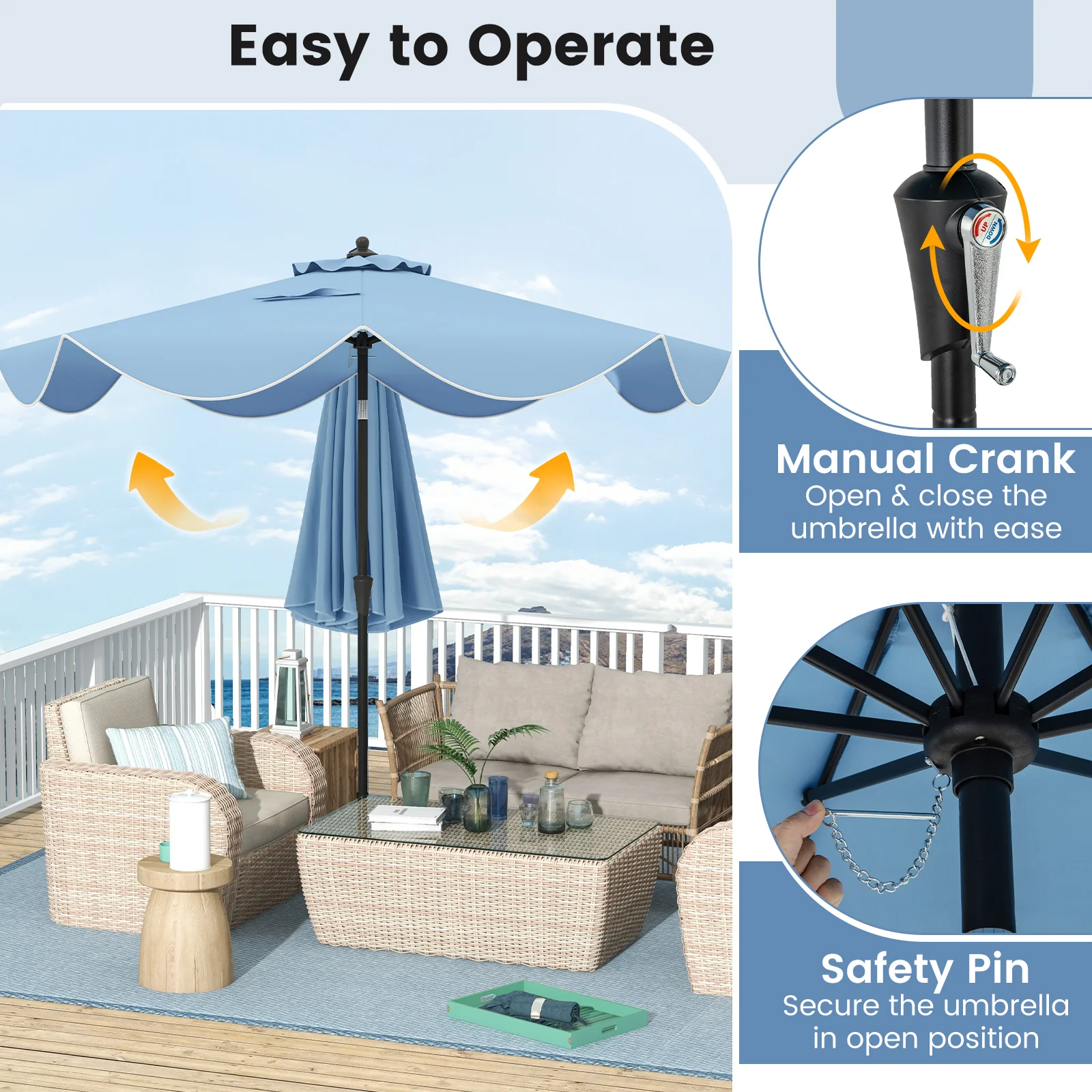 9 FT Patio Umbrella, Crank Handle, Push Button Tilt, Navy - Image 8