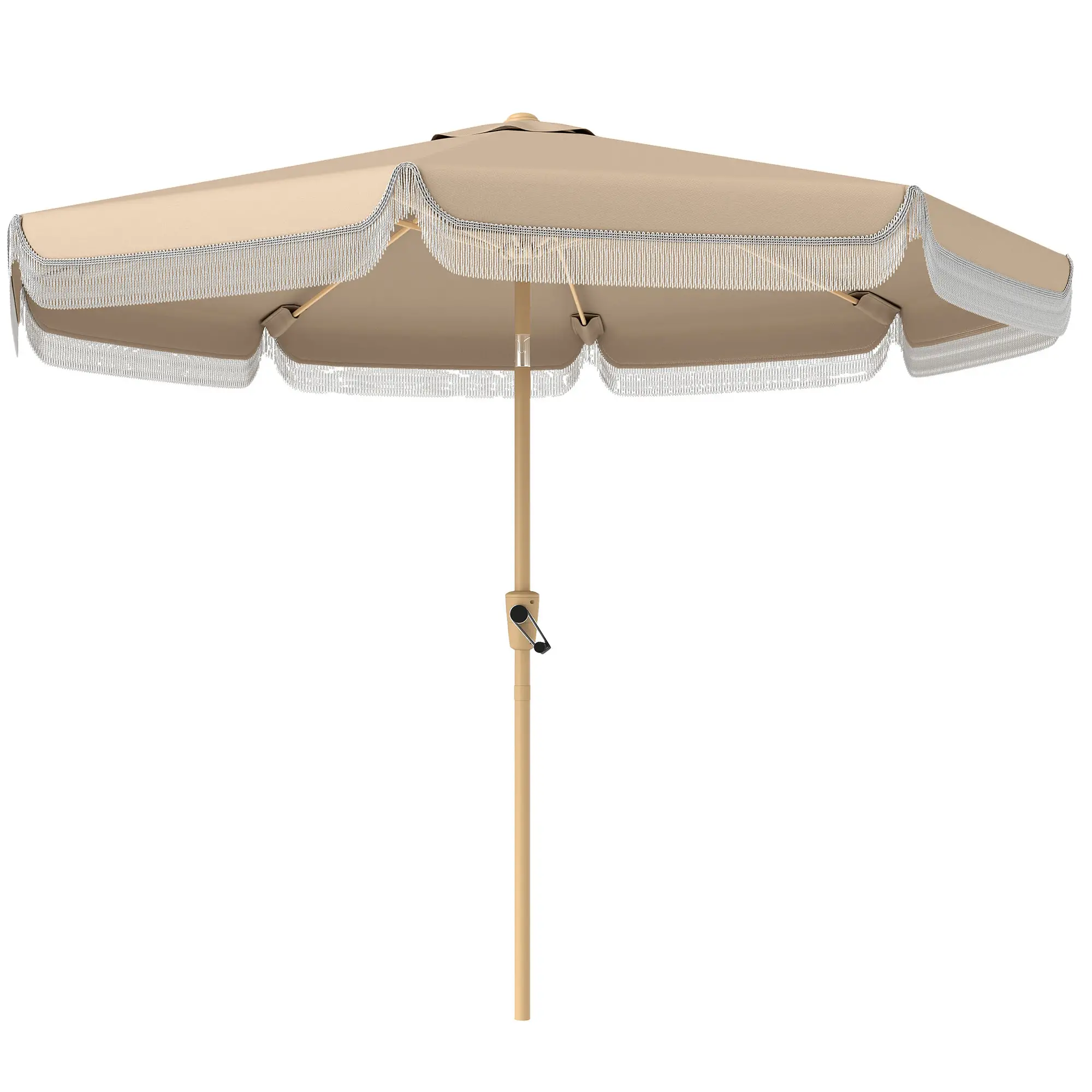 9 ft Patio Umbrella, Push Button Tilt Crank, Fringed Outdoor Market Table, Khaki