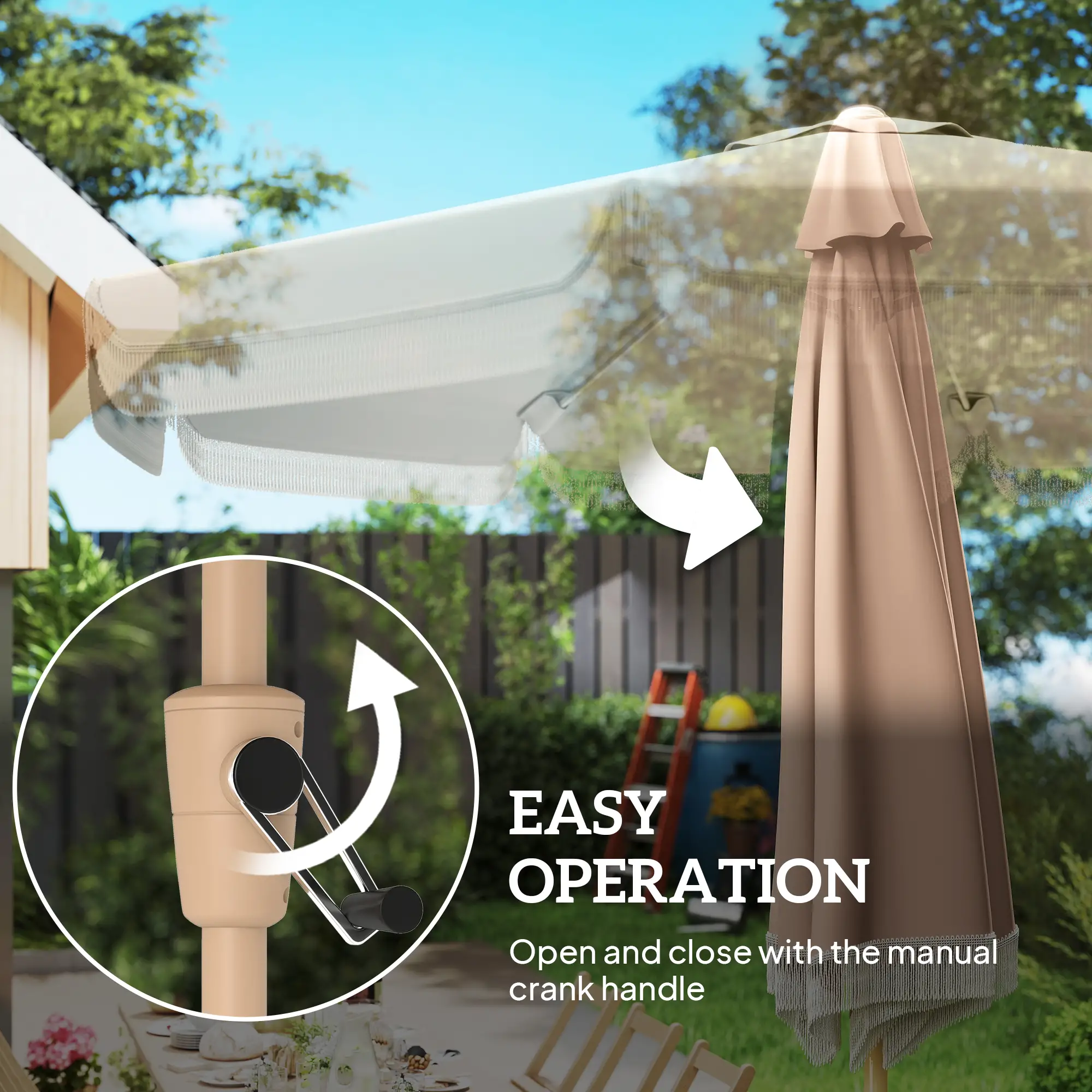 9 ft Patio Umbrella, Push Button Tilt Crank, Fringed Outdoor Market Table, Khaki - Image 5