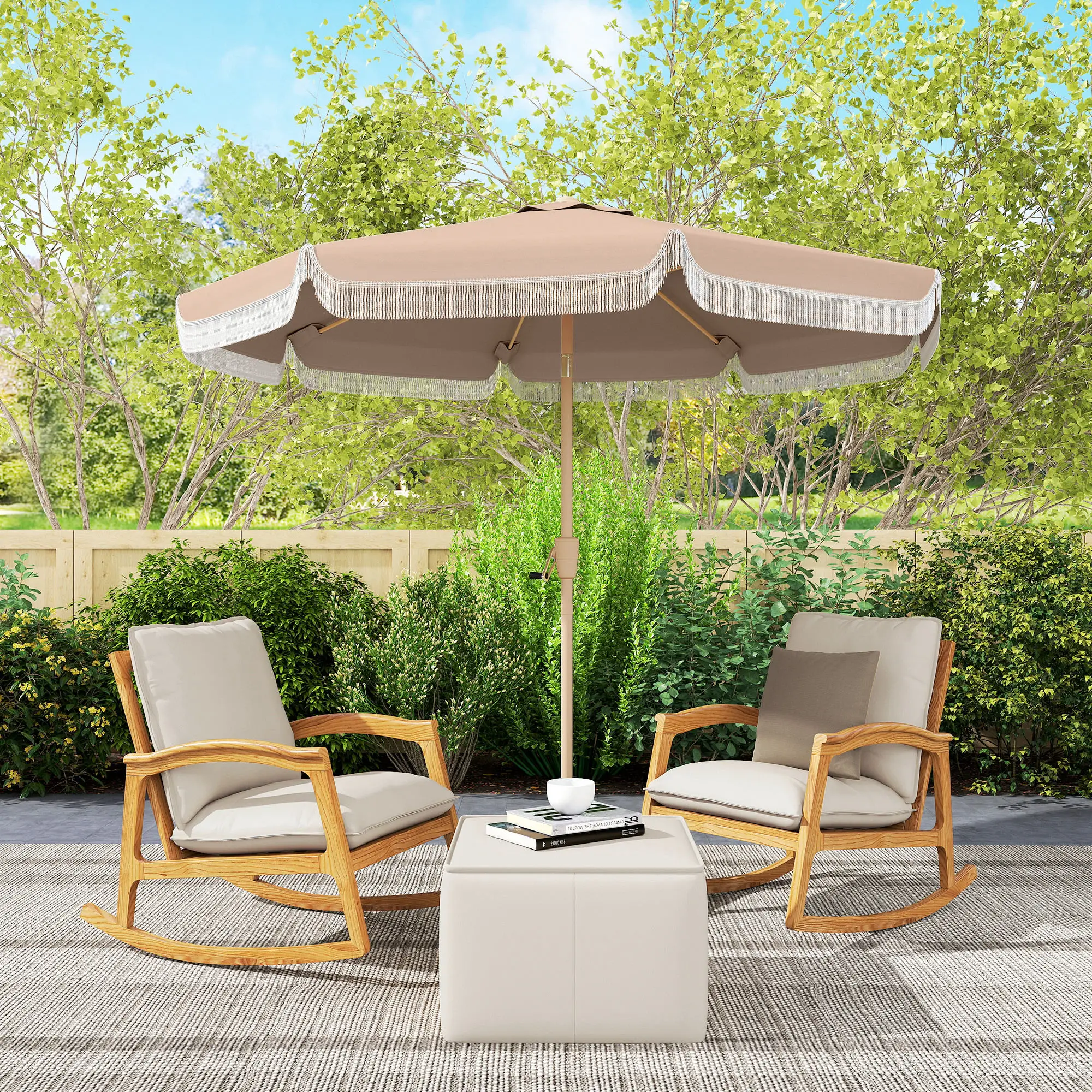 9 ft Patio Umbrella, Push Button Tilt Crank, Fringed Outdoor Market Table, Khaki - Image 8