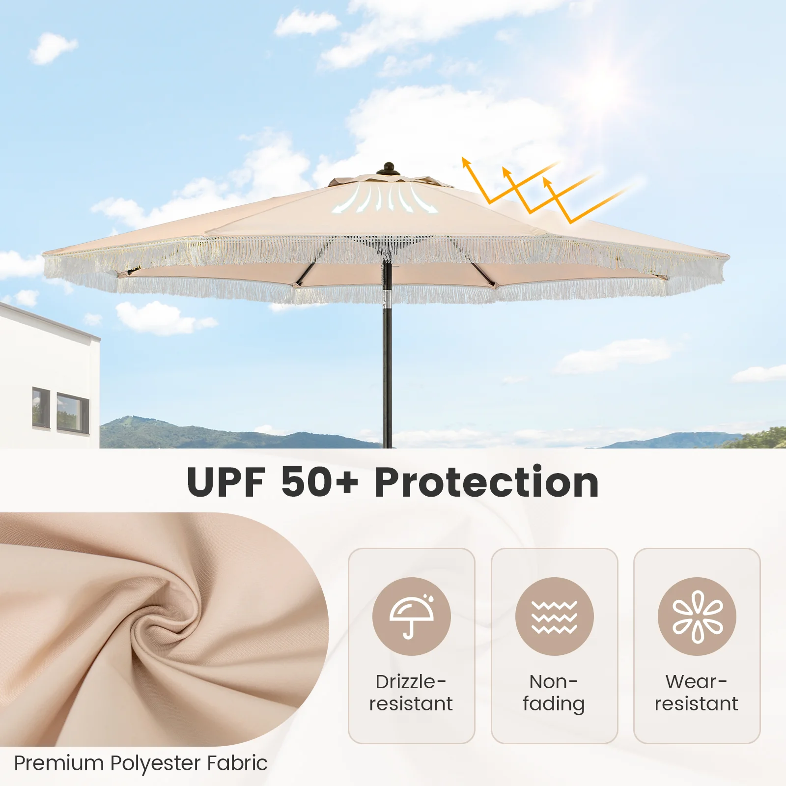 9 FT Patio Umbrella, Sun-Protective Canopy, Beige - Image 10