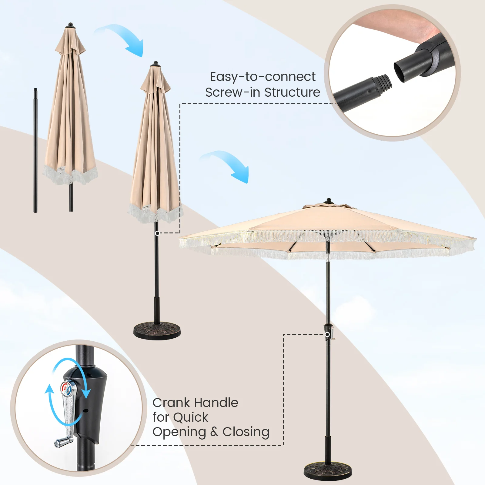 9 FT Patio Umbrella, Sun-Protective Canopy, Beige - Image 7