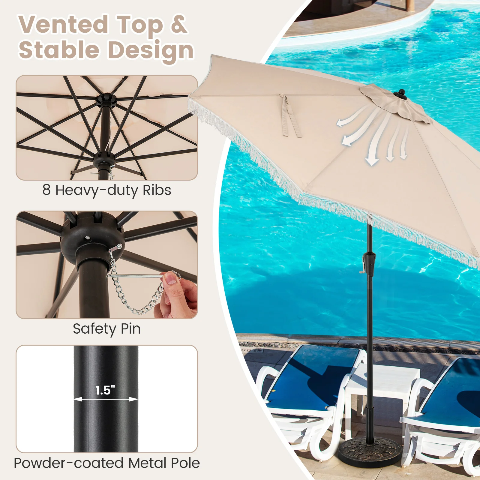9 FT Patio Umbrella, Sun-Protective Canopy, Beige - Image 9