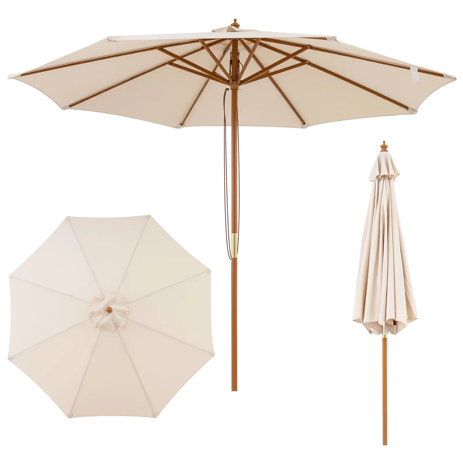 9 FT Patio Umbrella With 8 Sturdy Bamboo Ribs, Beige