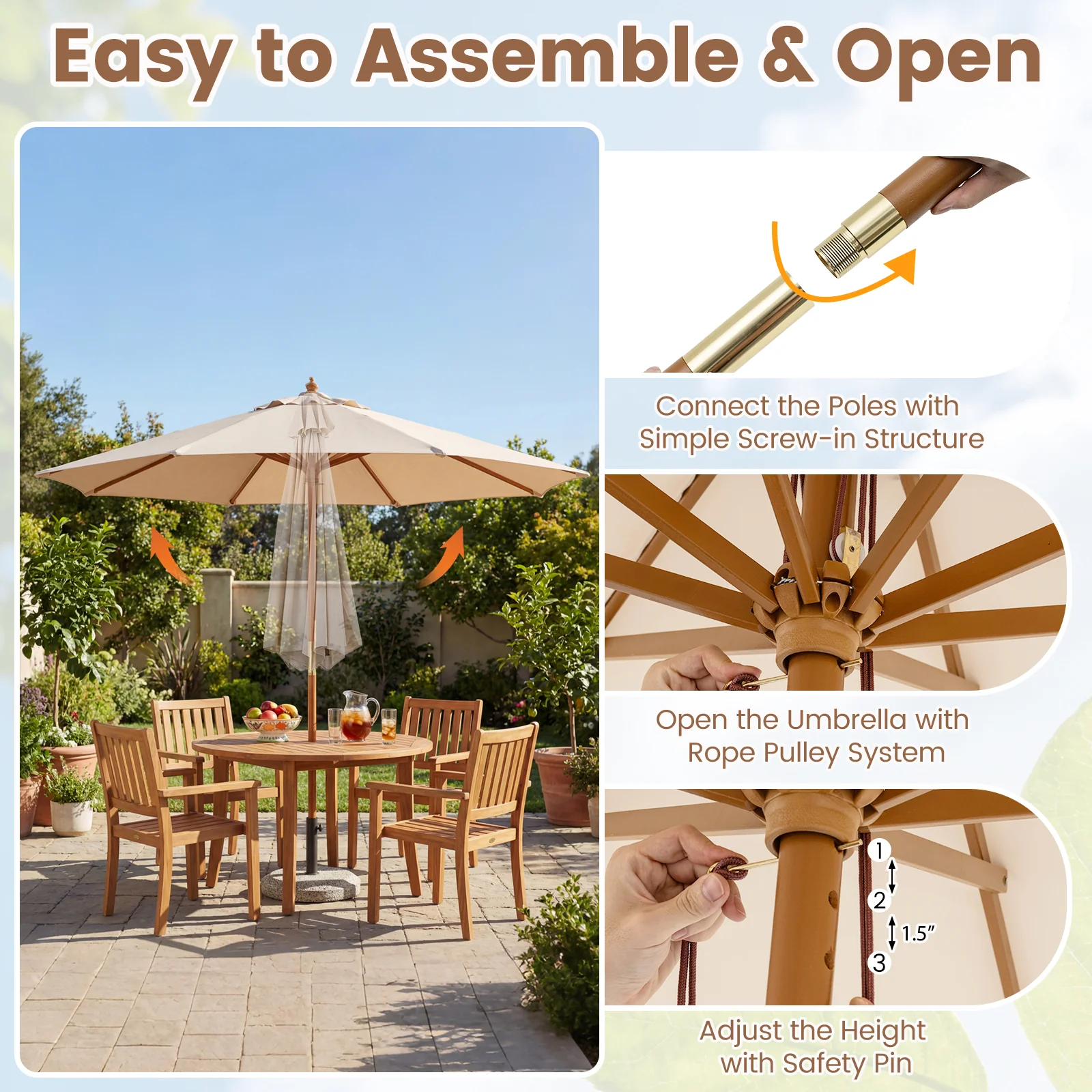 9 FT Patio Umbrella With 8 Sturdy Bamboo Ribs, Beige - Image 8