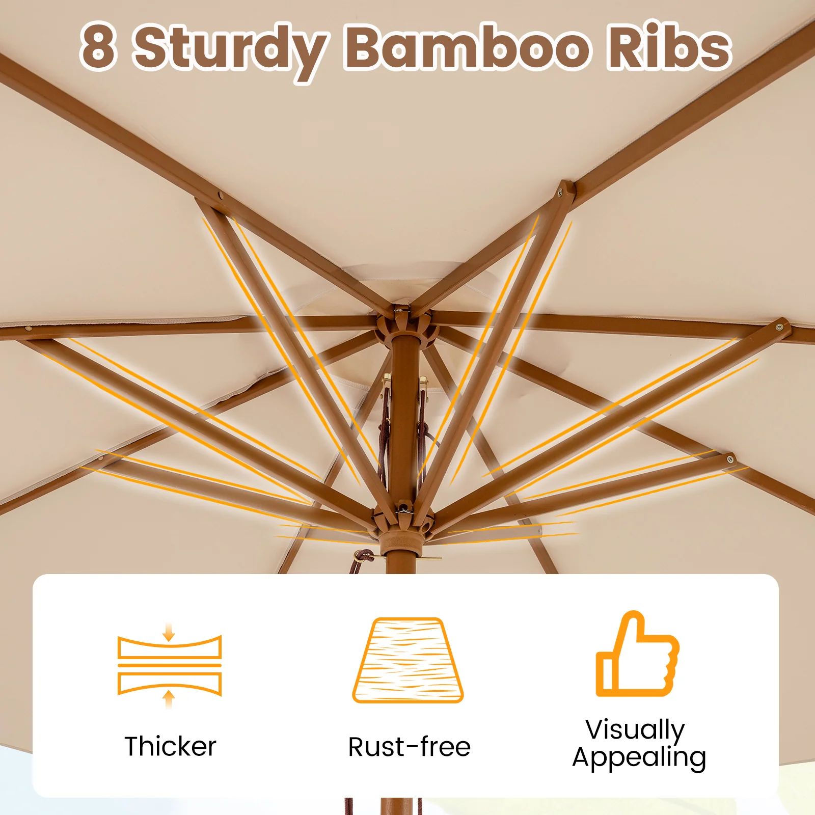 9 FT Patio Umbrella With 8 Sturdy Bamboo Ribs, Beige - Image 9