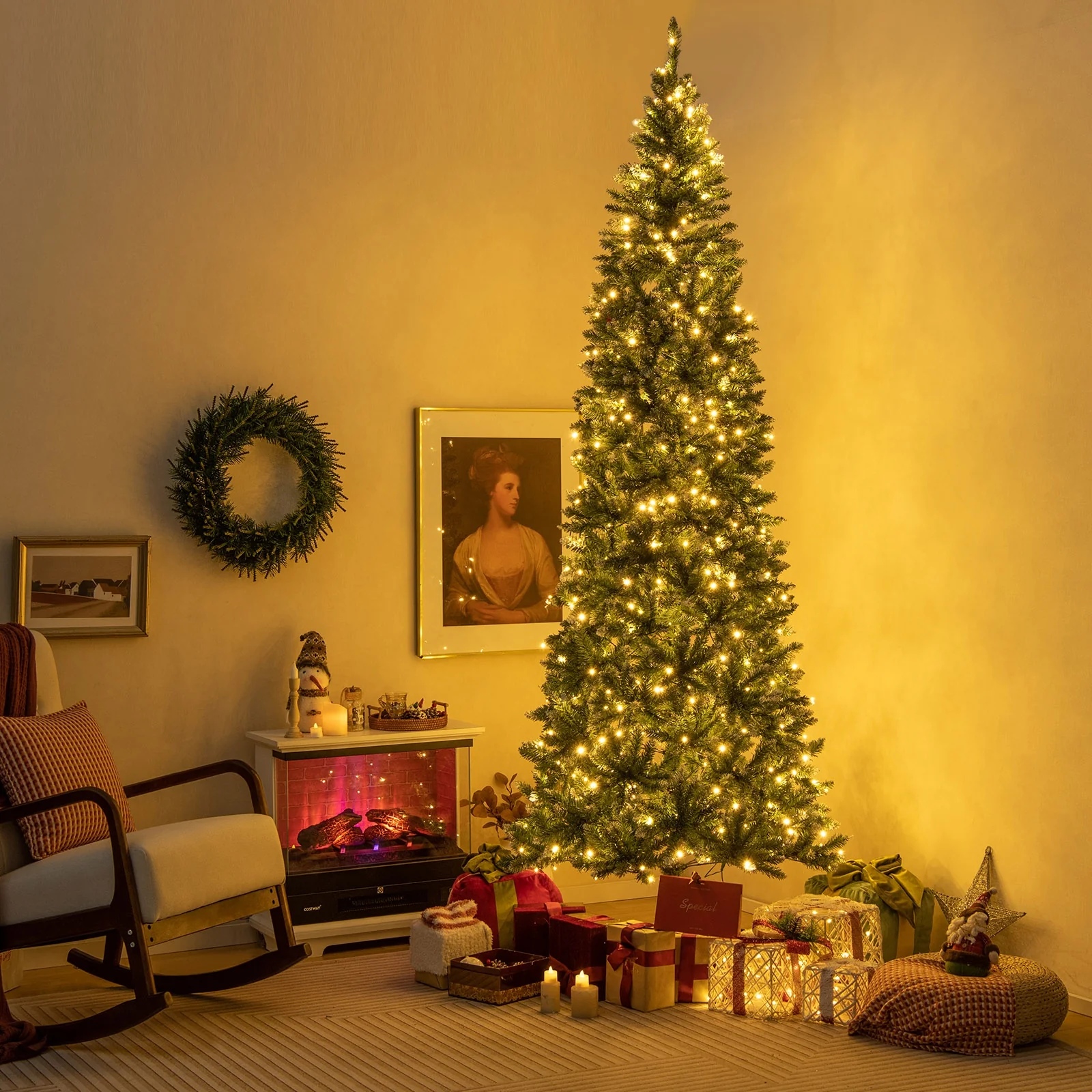 9 FT Pre-Lit Artificial Christmas Tree, 1298 Snowy Branch Tips, Green - Image 2
