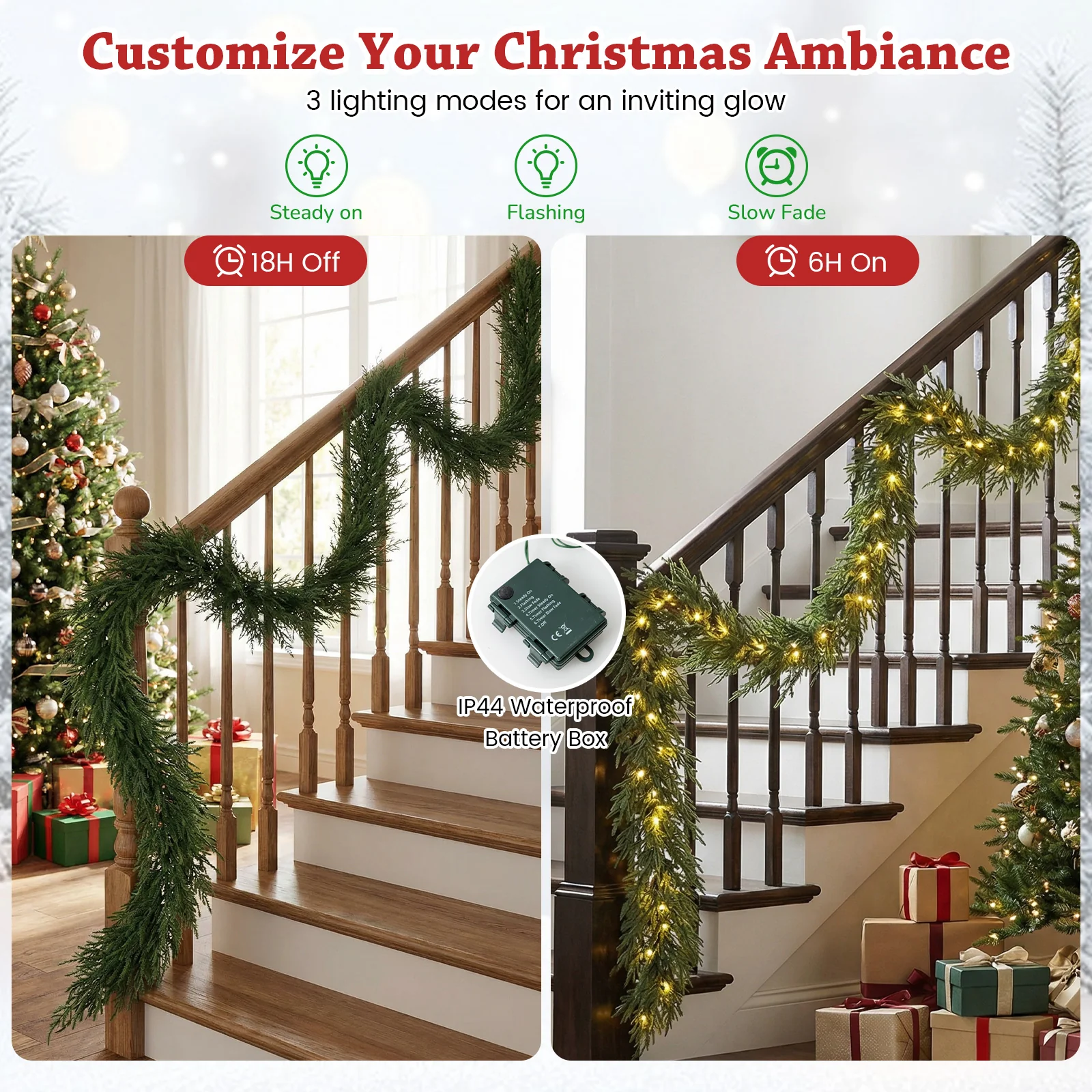 9 FT Pre-lit Artificial Cypress Christmas Garland with 50 Warm White LED Lights and 130 Branch Tips - Image 9