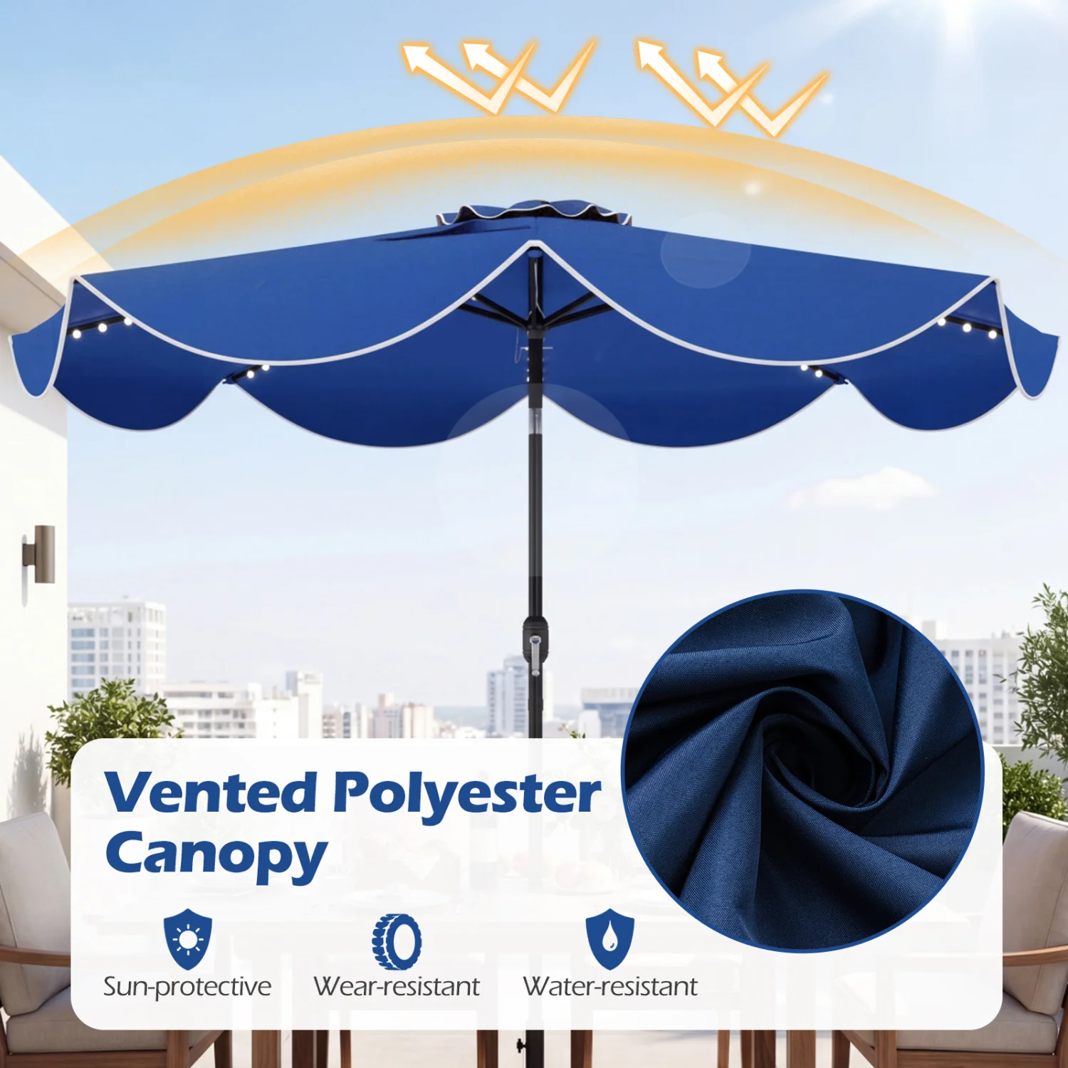 9 FT Scalloped Solar Patio Umbrella, Navy - Image 7