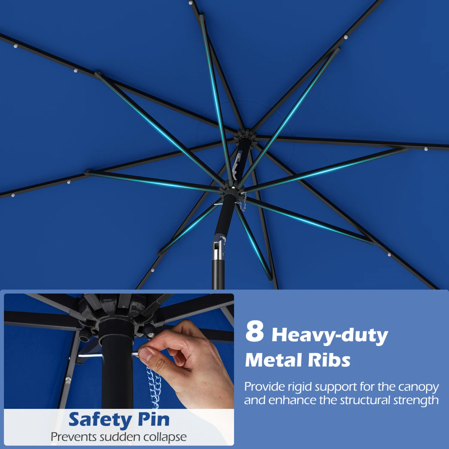 9 FT Scalloped Solar Patio Umbrella, Navy - Image 9