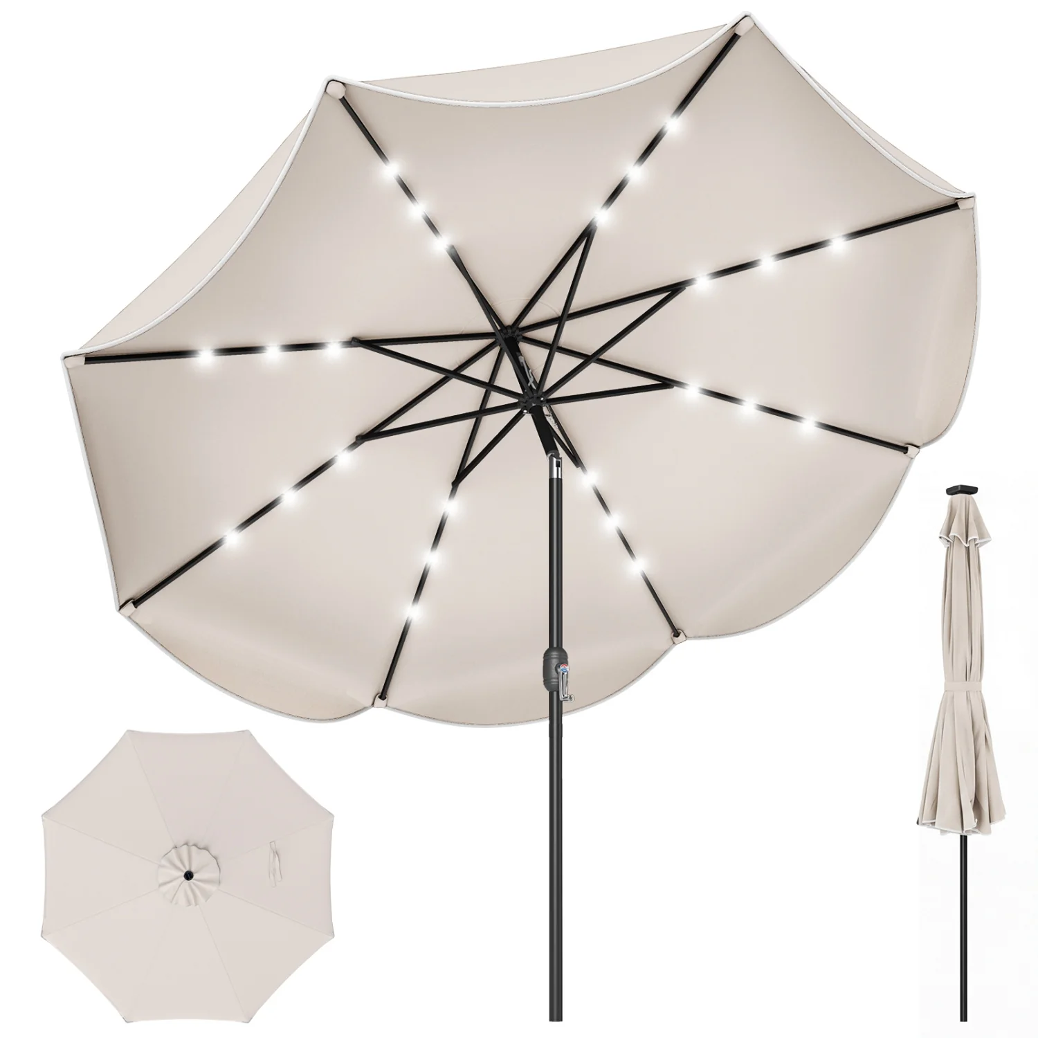 9 FT Scalloped Solar Patio Umbrella with 24 LED Lights, Beige