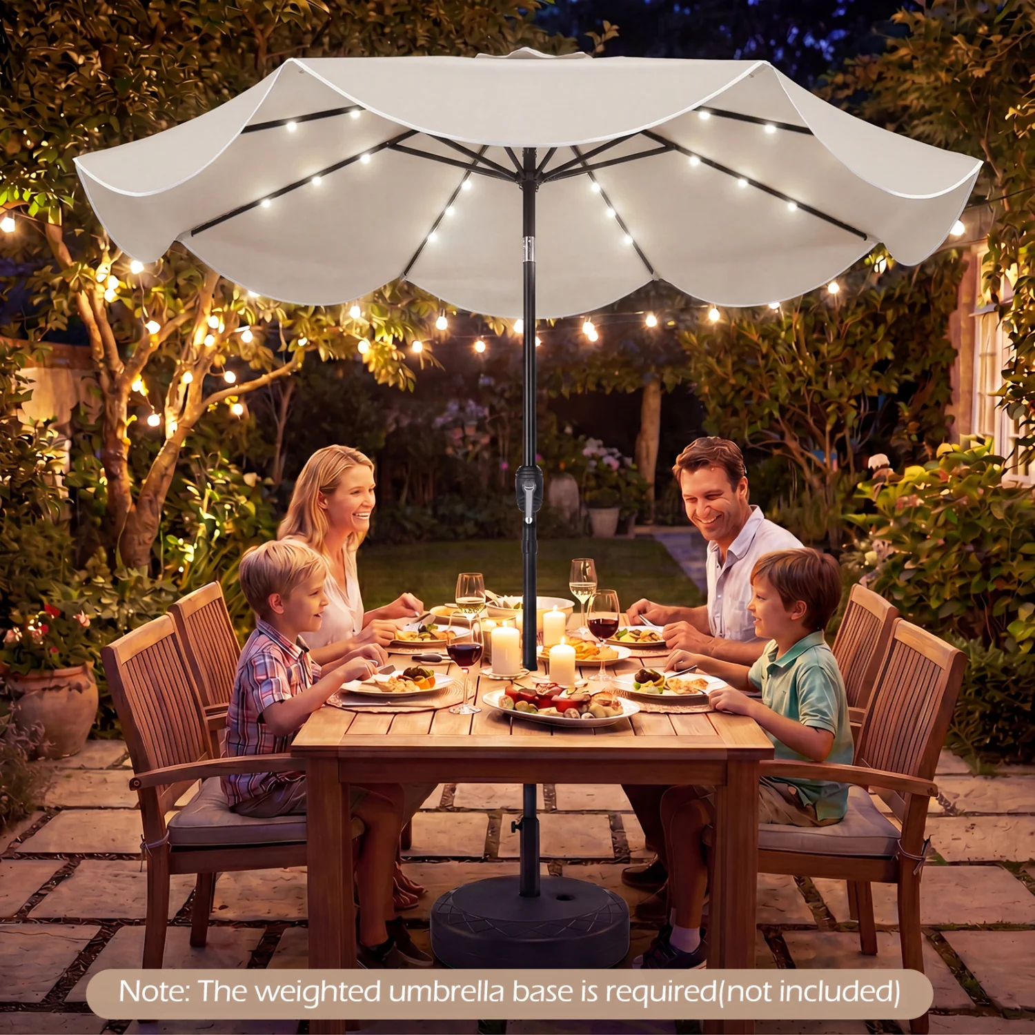 9 FT Scalloped Solar Patio Umbrella with 24 LED Lights, Beige - Image 3